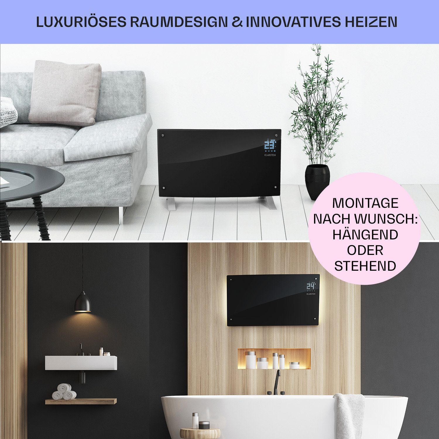 Klarstein Heizstrahler Bornholm Curved Ambient, 2000 W, Konvektorheizung elektrisch Elektrokoheizung energiesparend Heizkörper
