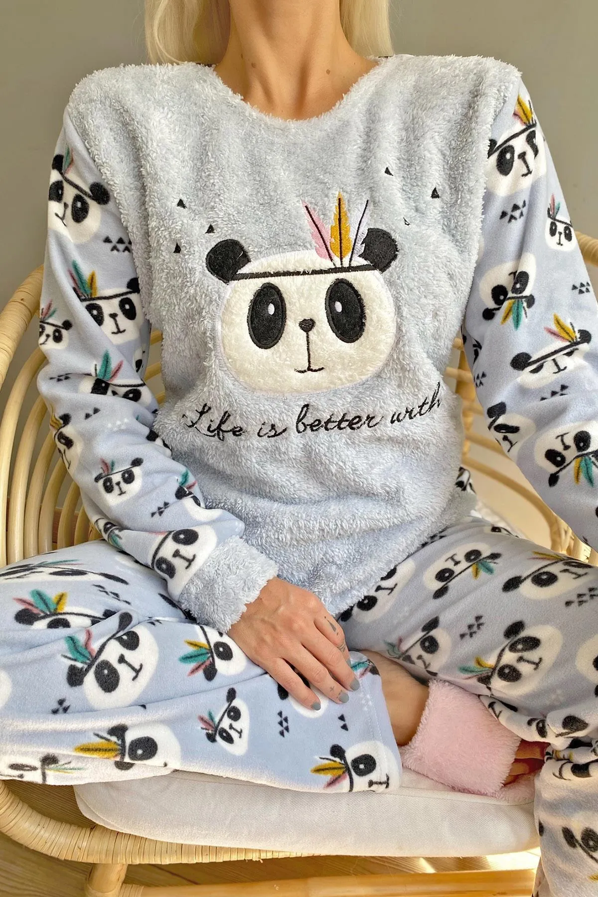 Pijamaevi  Mavi Life Panda gemustertes Plüsch-Pyjama-Set für Damen