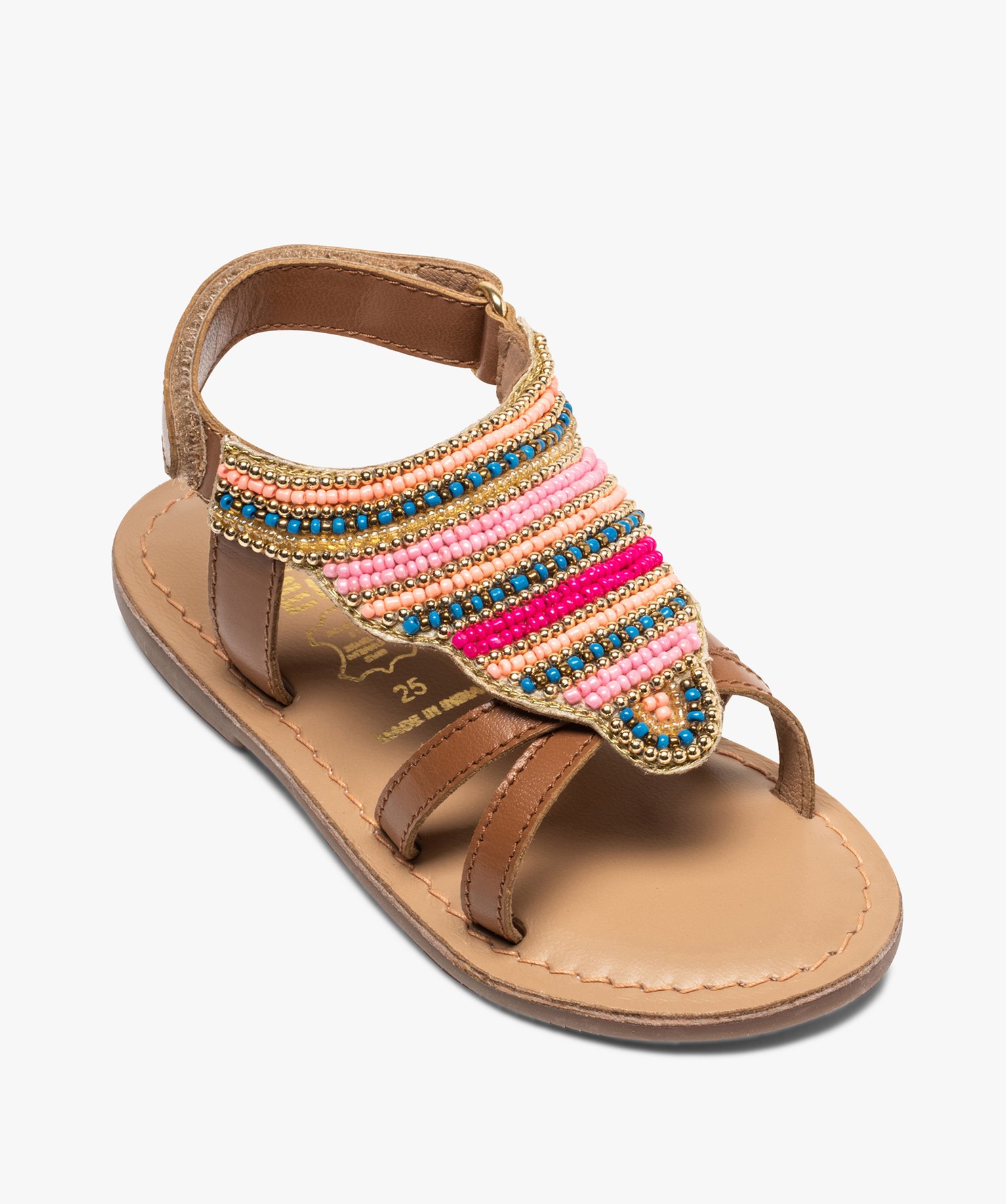 Sandales fille ornées de perles et fermeture scratch camel | GEMO