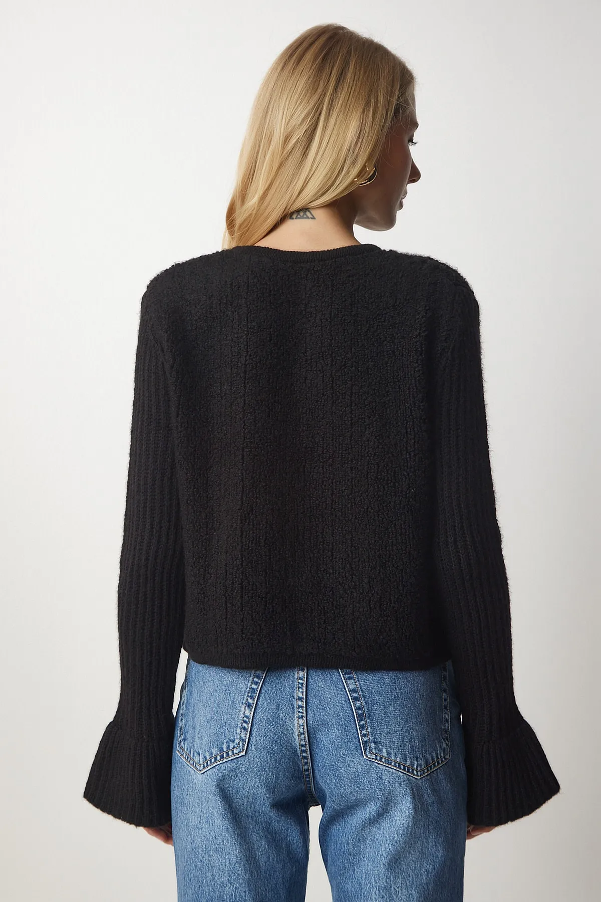 Happiness İstanbul  Schwarze Bouclé-Strickjacke mit Knöpfen für Damen YY00152