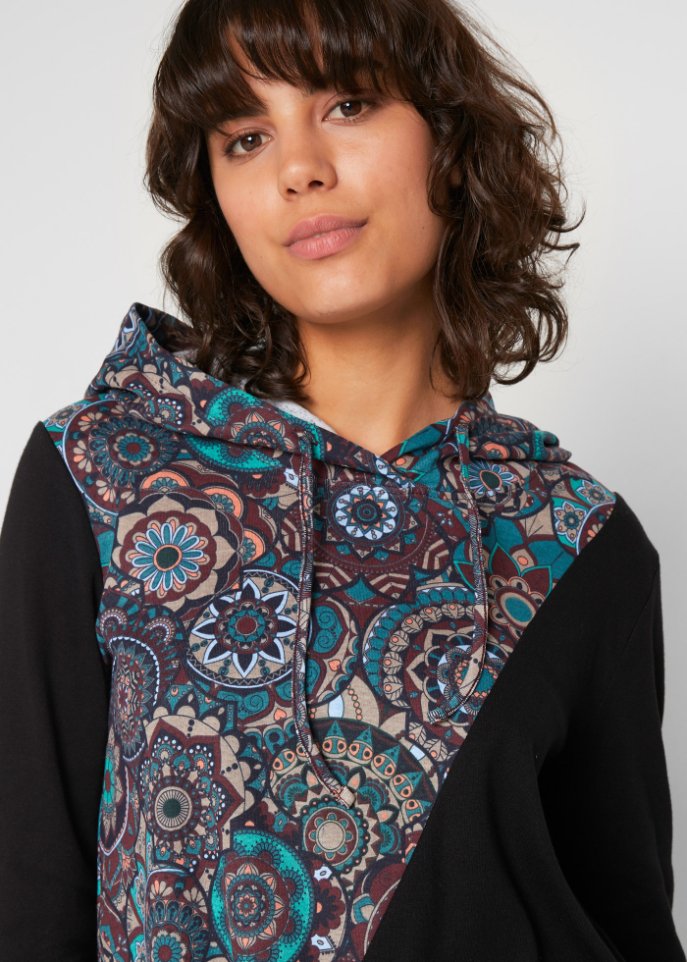 Kapuzenshirt mit Zipfelsaum und Patchwork-Optik, langarm
