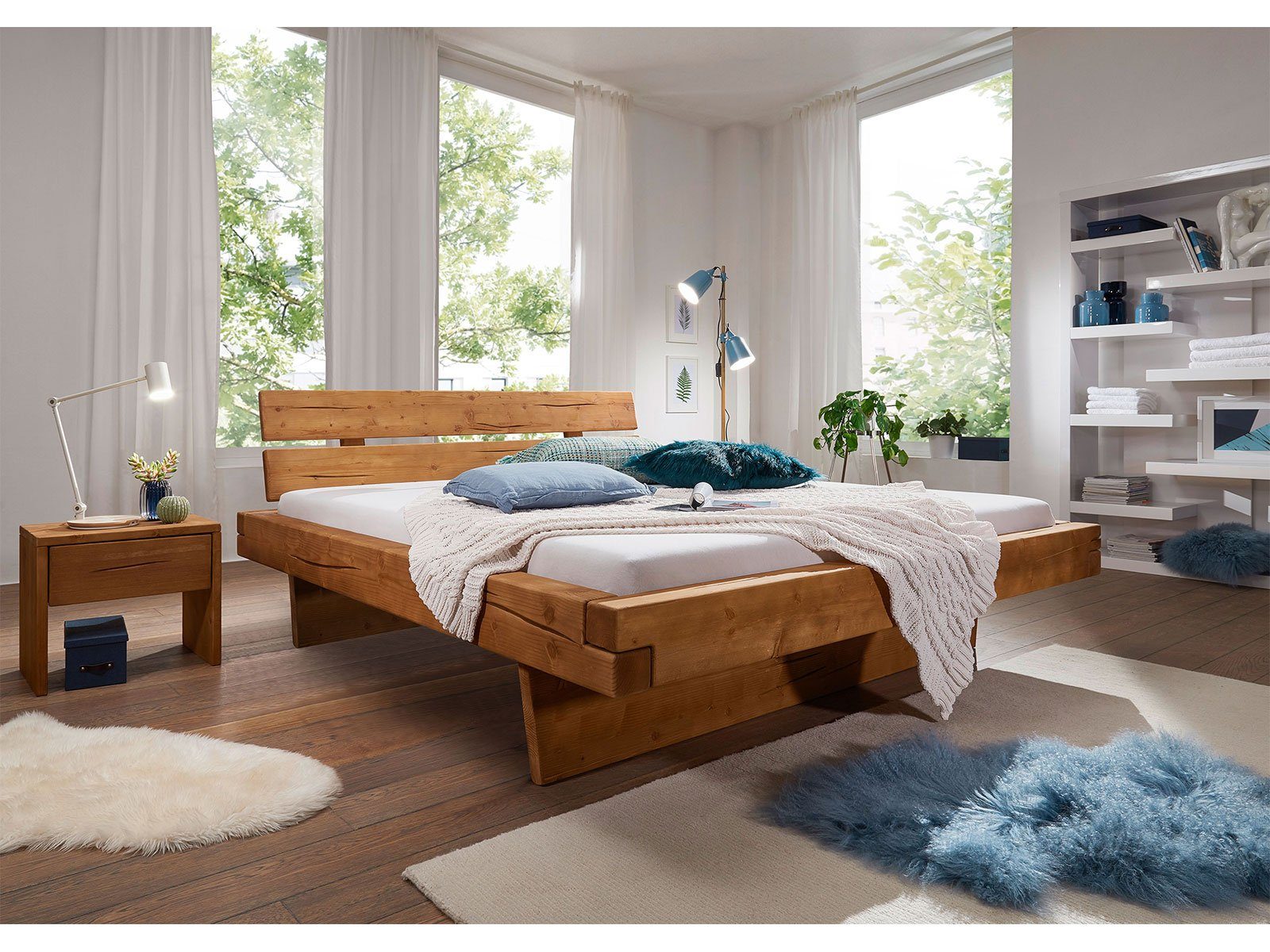 möbelando Massivholzbett Morant Bay, Modernes Bett aus Massivholz in Fichte eichefarbig honig gebeizt/geölt. Liegefläche 180x200 cm. Breite 198 cm, Höhe 87 cm, Tiefe 221,5 cm