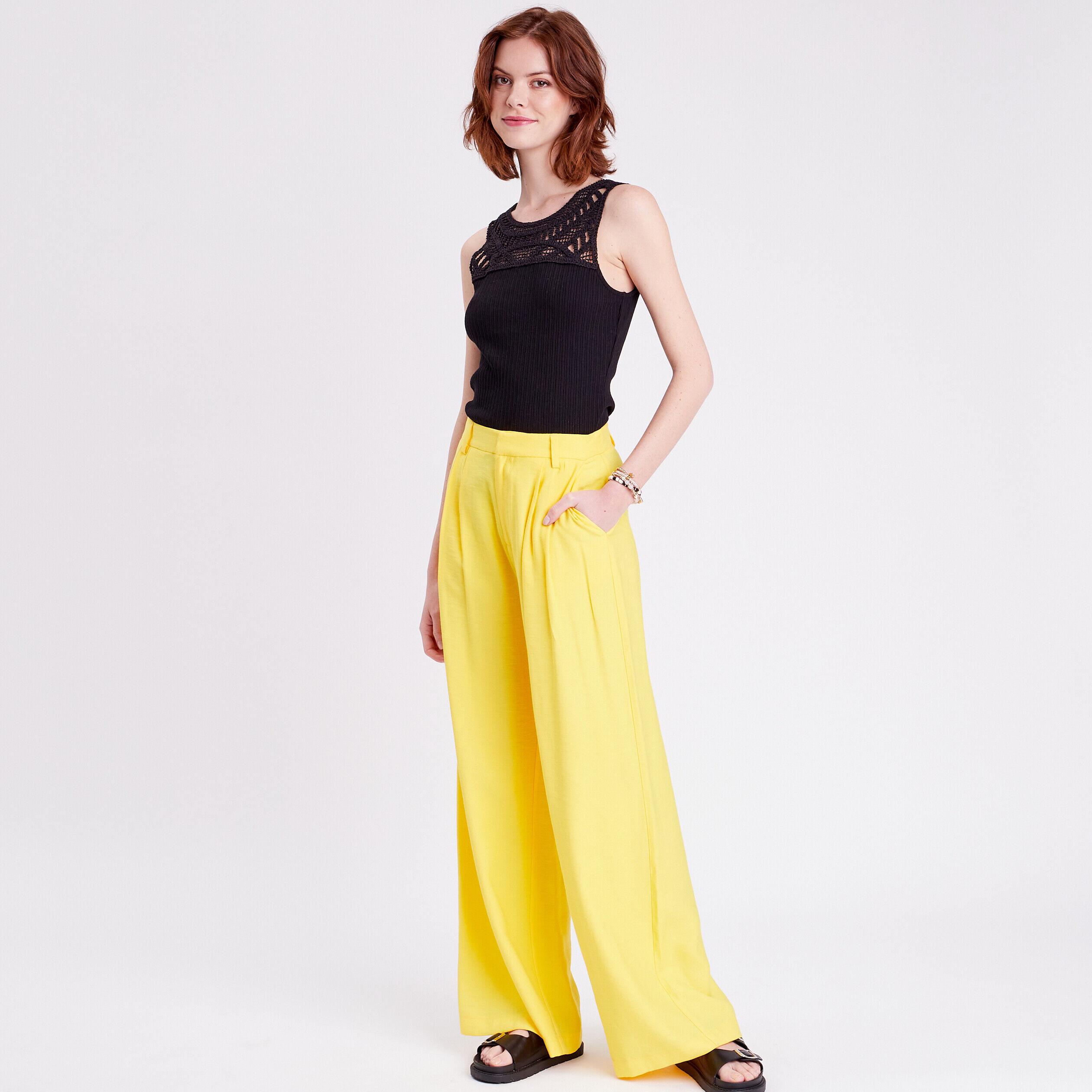 Pantalon jambes larges jaune fluo femme | Cache Cache