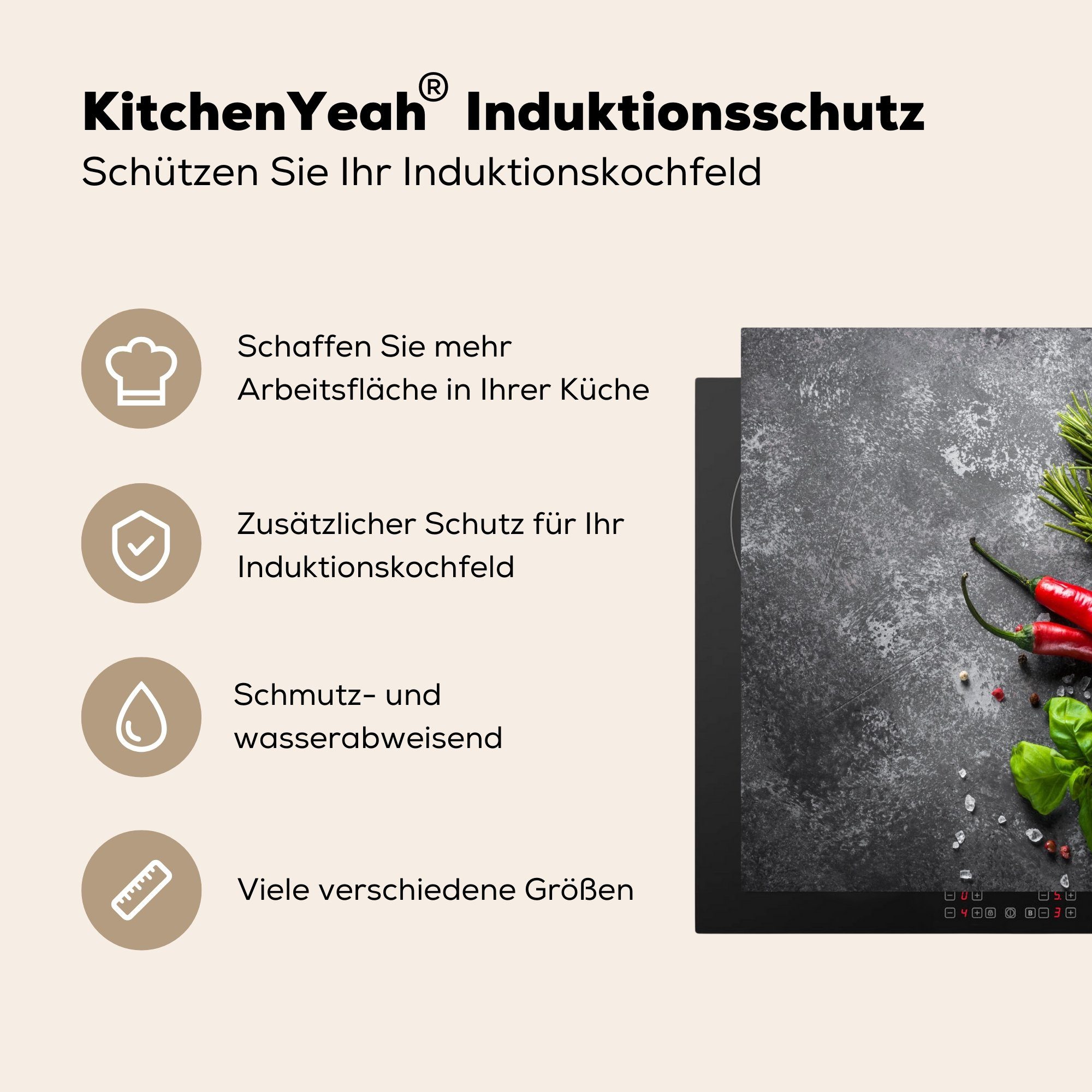 MuchoWow Herdblende-/Abdeckplatte Pfeffer - Kräuter - Gewürze - Beton, Vinyl, (1 tlg), 60x52 cm, Mobile Arbeitsfläche nutzbar, Ceranfeldabdeckung