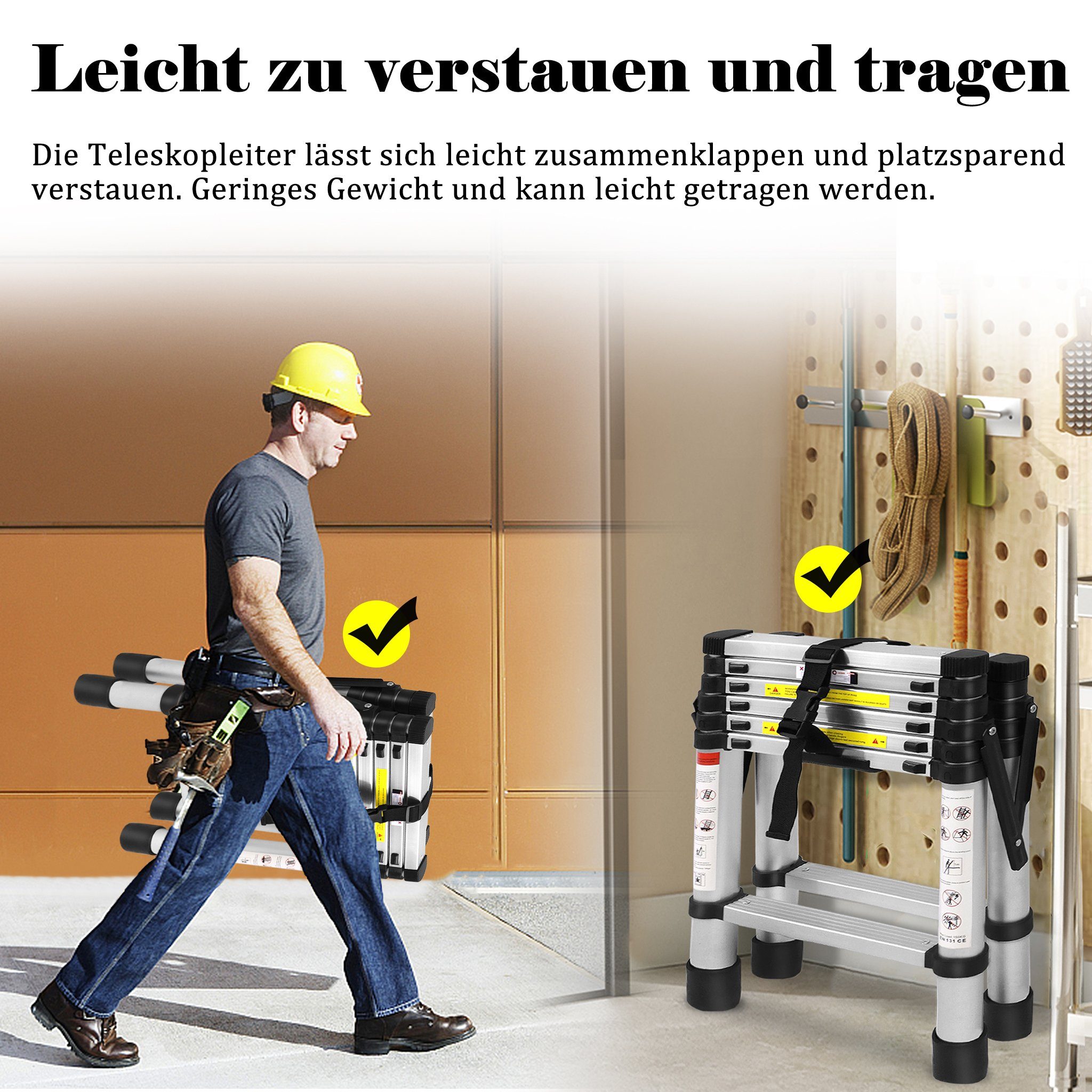UISEBRT Teleskopleiter Klappbar Teleskopleiter Alu Mehrzweckleiter, 1,4m+1,7m