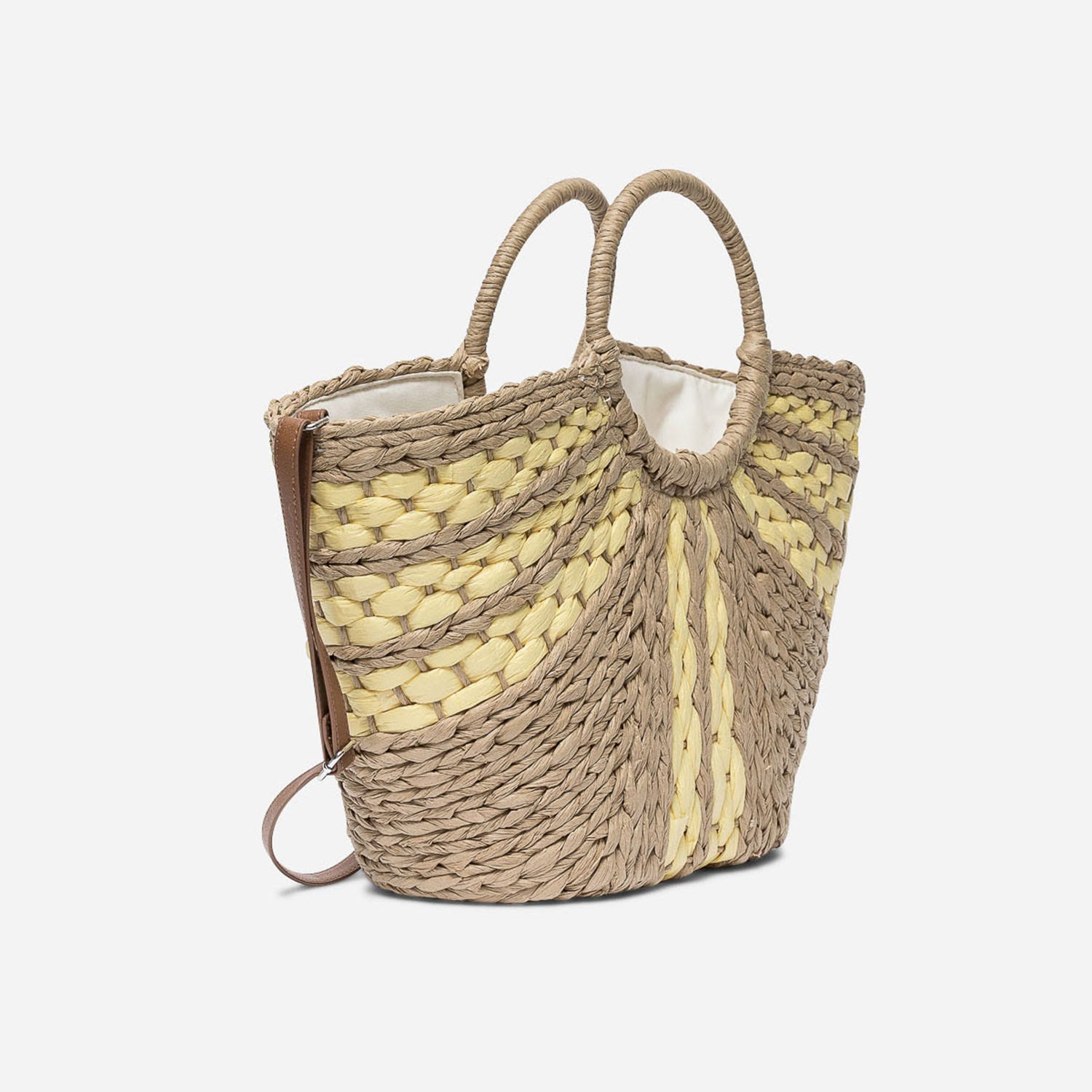 Panier beige foncé et jaune en papier tressé avec bandoulière