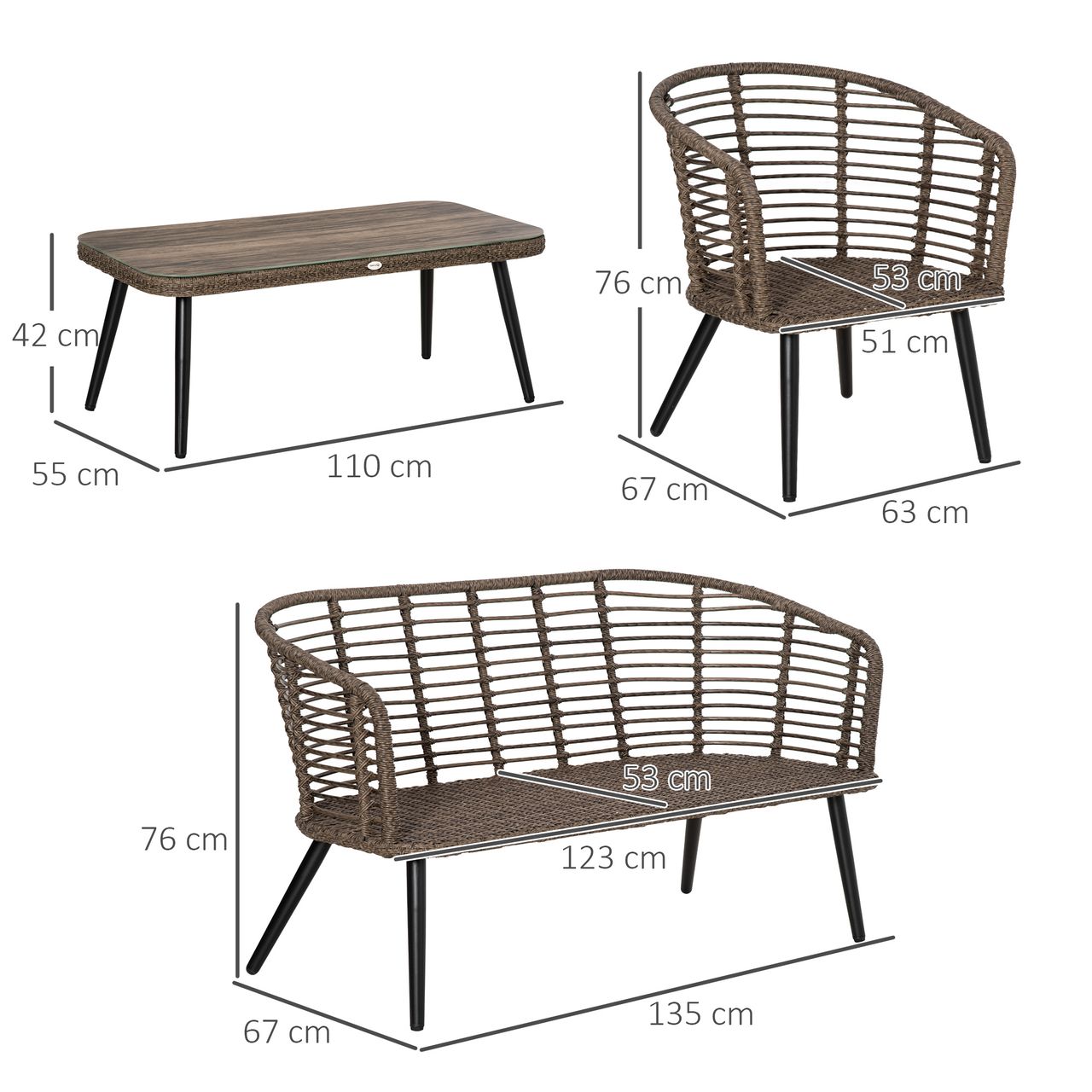 Outsunny Polyrattan Gartenmöbel Set 4-teiliges Rattensofa-Set Sitzgruppe Sitzgarnitur für Pause Lounge Teetisch mit Sofa Kissen Stahl Braun Grau
