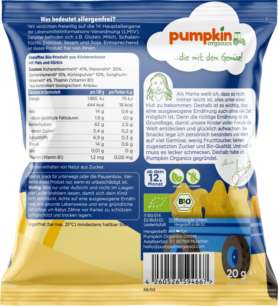 Kindersnack Kichererbsen Sterne mit Mais & Kürbis, ab 12. Monaten, 20 g