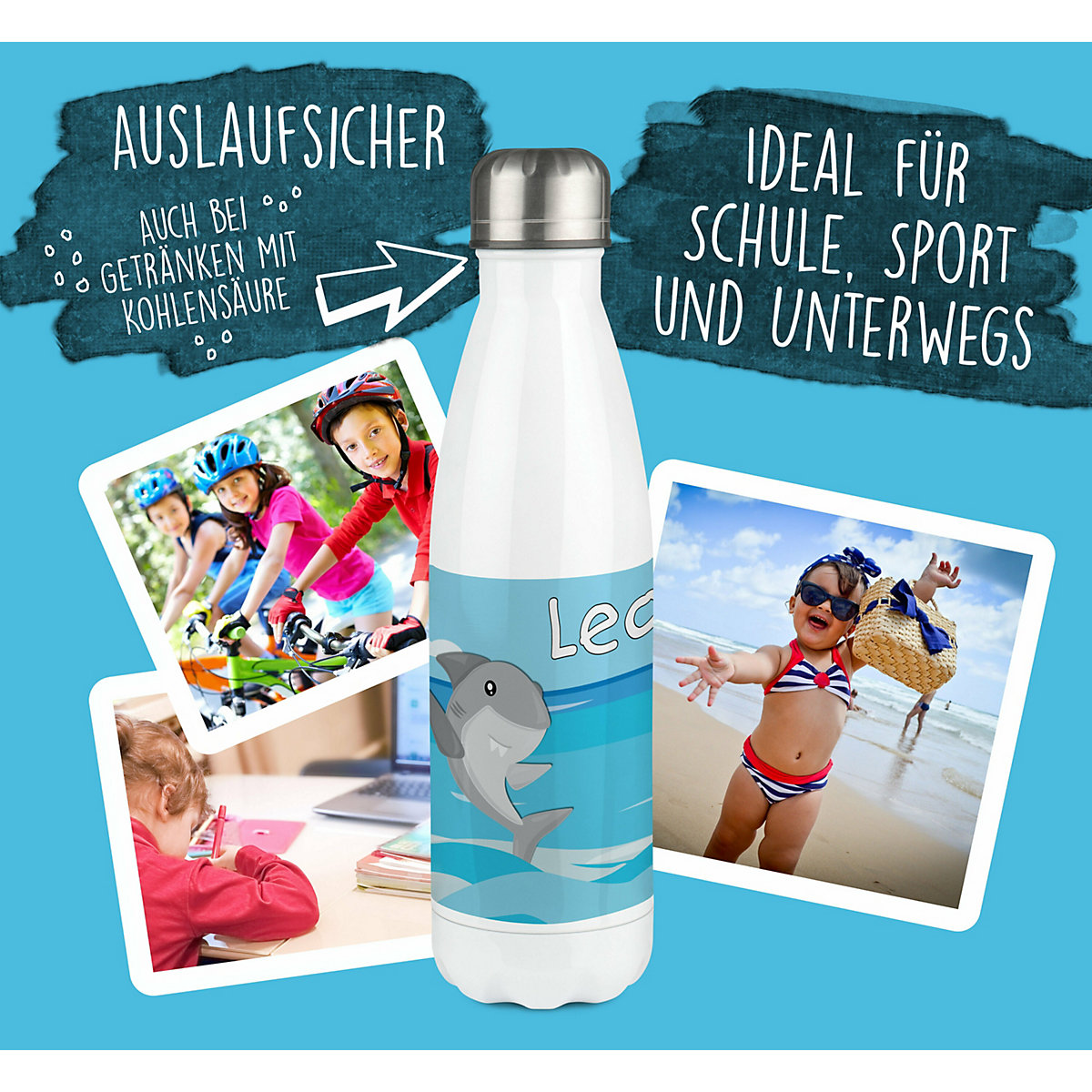 Edelstahl Kinder Thermoflasche / Trinkflasche bunt Hai Spülmaschinenfest, Auslaufsicher, Bruchfest, Doppelwandig, Für Heißgetränke geeignet, Mit Deckel, Isoliert