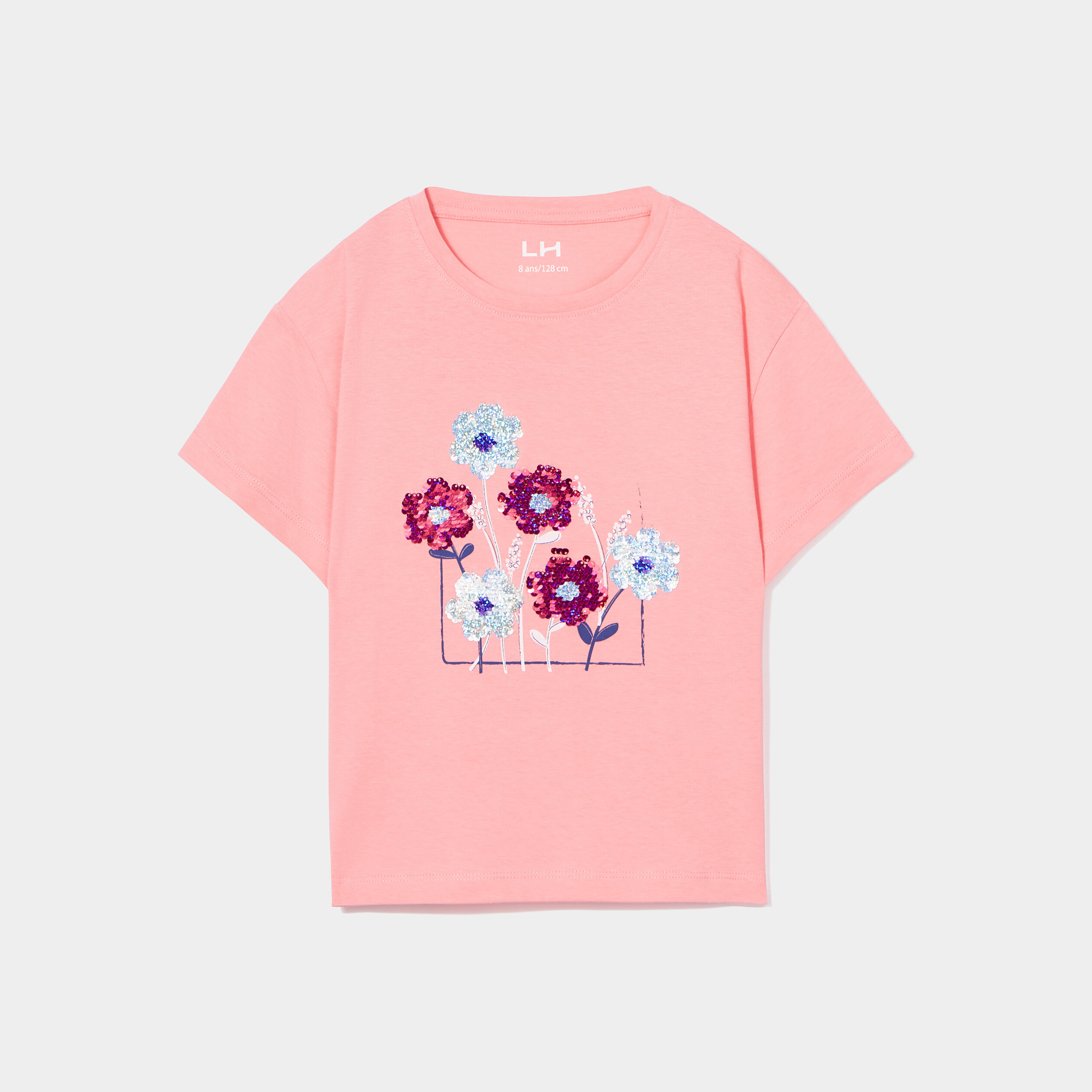 T-shirt sequins réversibles col rond rose corail fille | La Halle