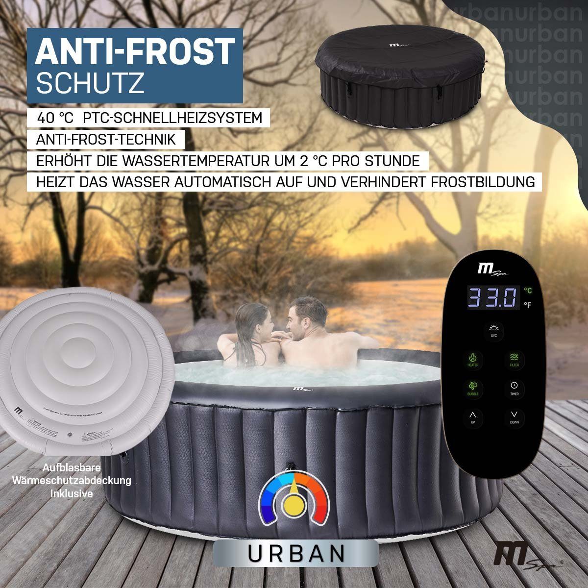 mSpa Whirlpool Outdoor Whirlpool aufblasbar Urban Rimba U-RB061 für 6 Personen, (Luxus Garten Pool - inkl. 2x Filterkartusche - Isolierabdeckung - Schnellheizsystem - Winterfest - 138 Luftdüsen, 4-tlg., Abdeckung mit Schloss - Indoor - LED Fernbedien