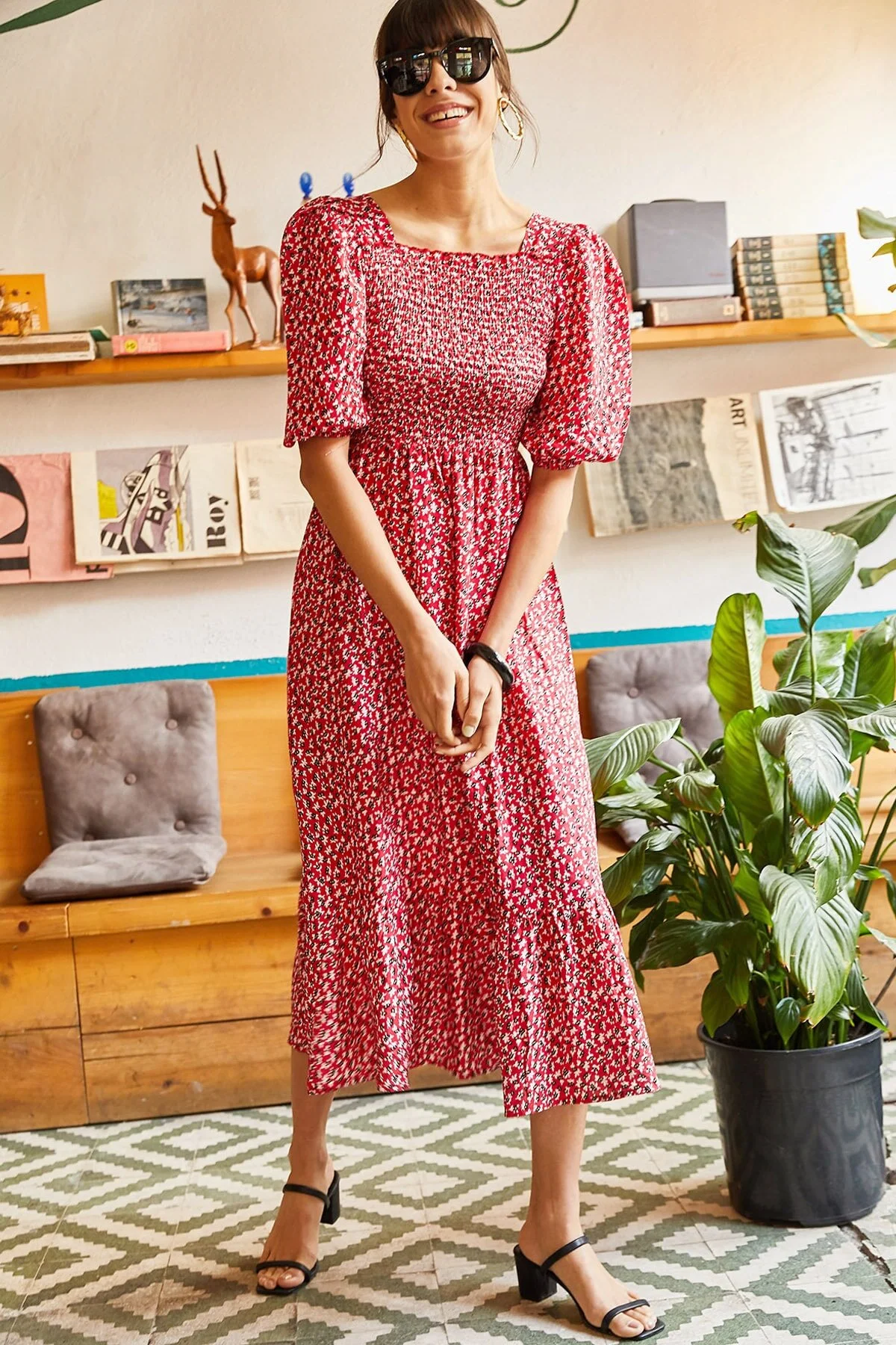 Olalook  Rotes Gimped-Freizeitkleid aus gewebter Viskose für Damen ELB-19001483