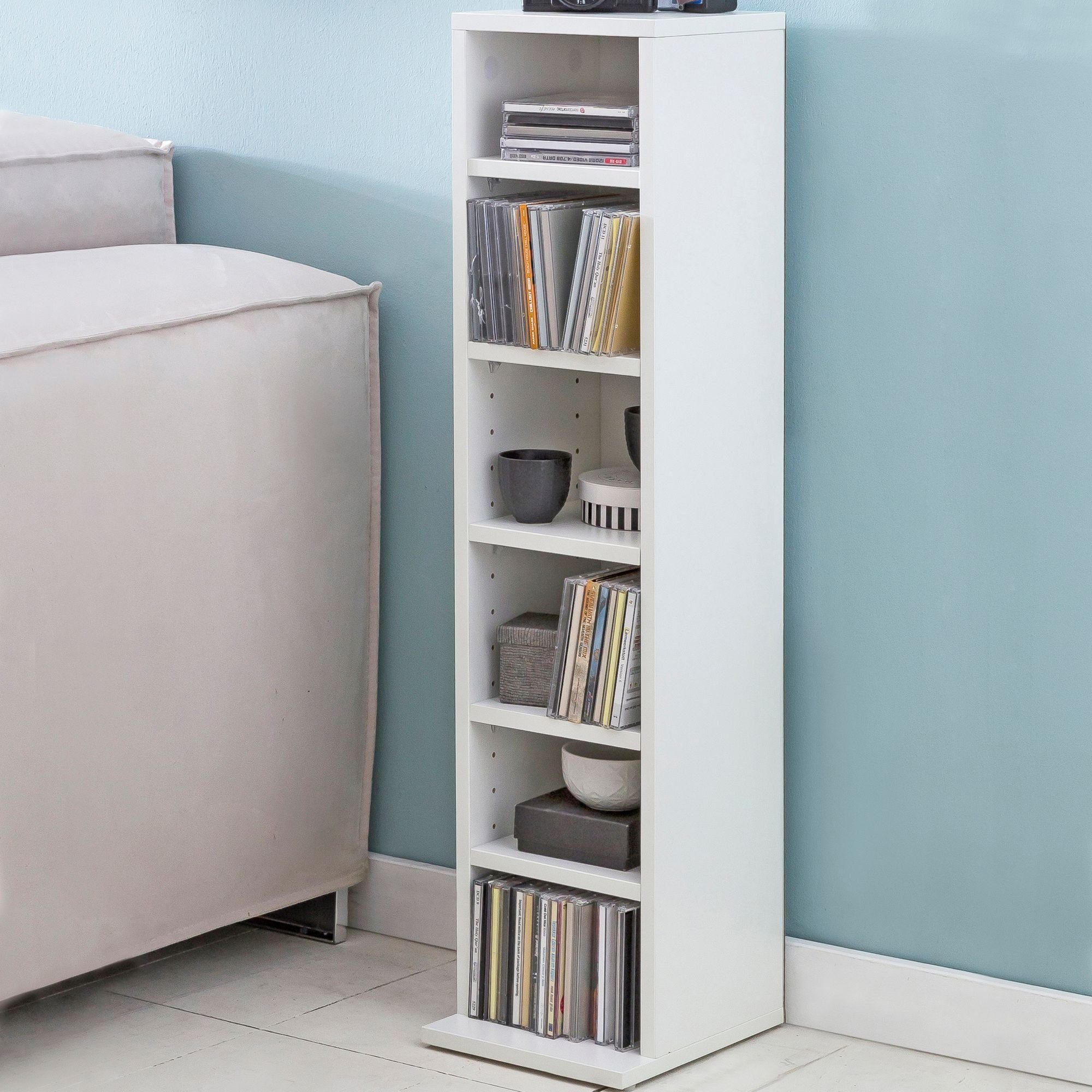 FINEBUY CD-Regal SuVa14550_1, 21x90x20 cm, Offenes Bücherregal Schmal Weiß, CD Aufbewahrung Klein, Nischenregal 6 Fächer