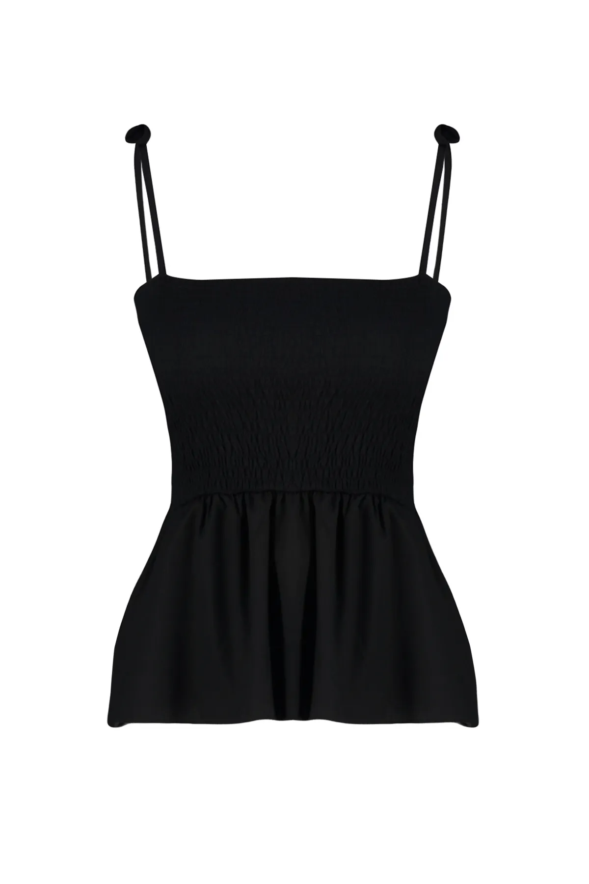 Trendyol Collection  Schwarze Baumwollpopeline-Bluse mit detailliertem Riemen und flexiblem Strick TWOSS24BZ00393