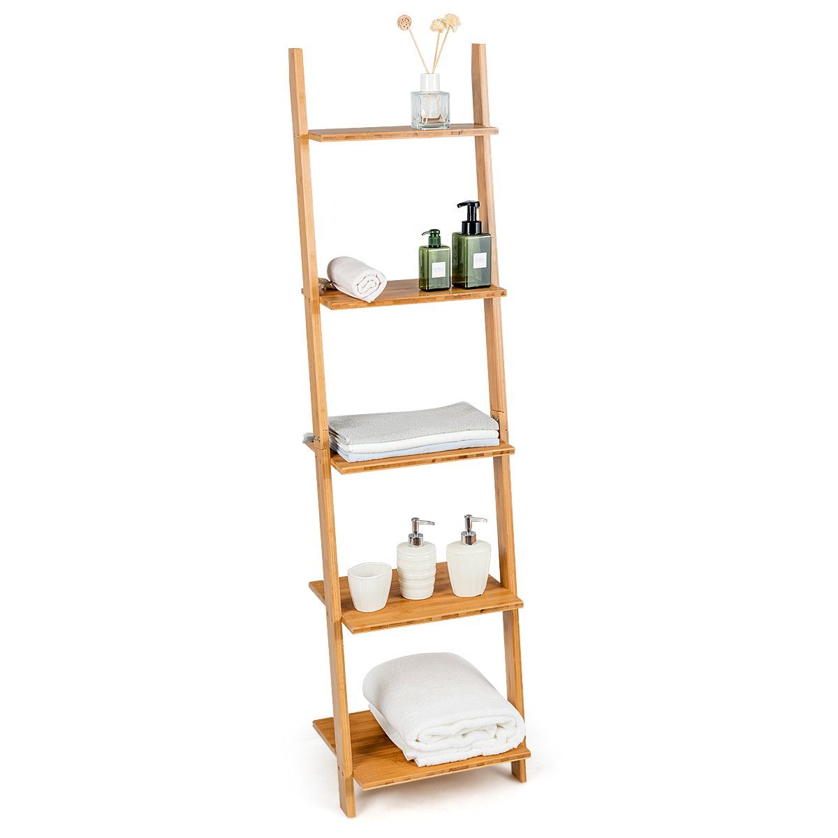 COSTWAY Leiterregal, Bücherregal 5 Ebenen, Bambus, schmal, 43x35x165cm