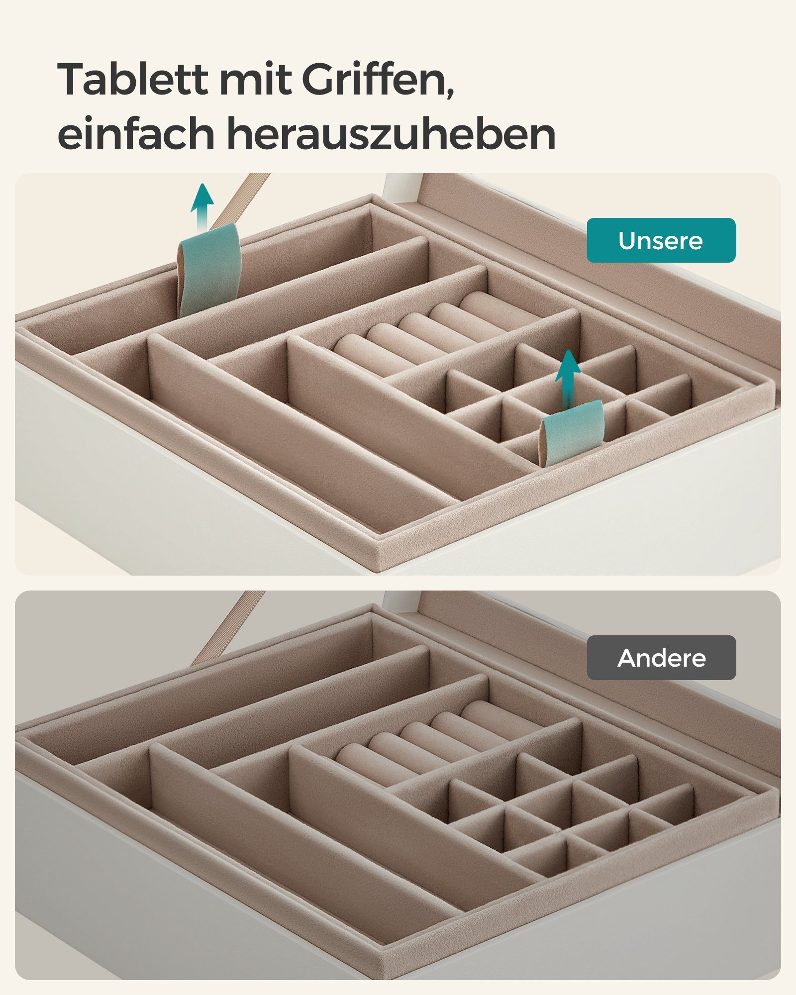 SONGMICS Schmuckkasten, mit Glasdeckel, Schmuckkasten 2 Ebenen, Schmucktablett herausnehmbar