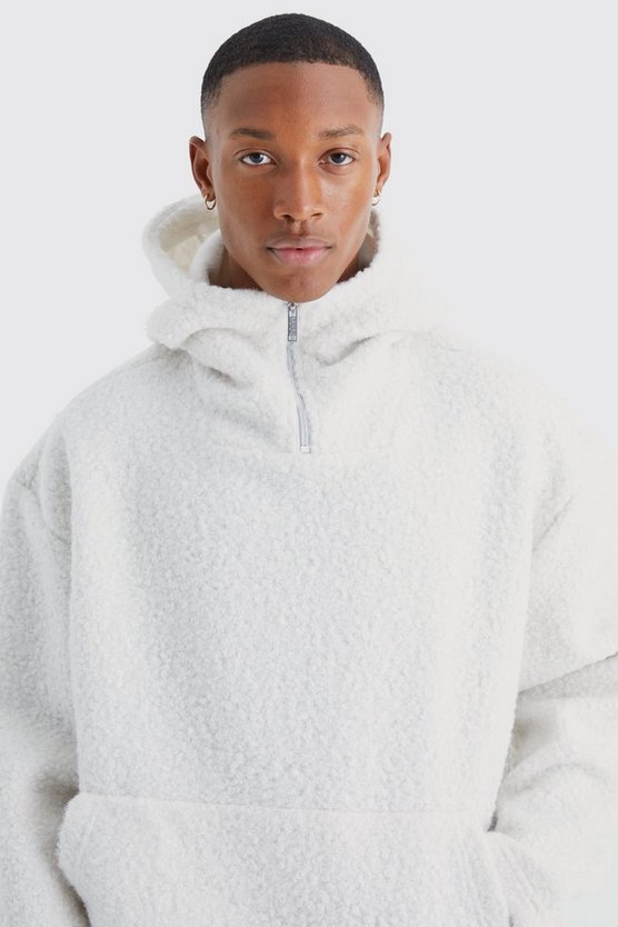 Kastiger Oversize Bouclee Borg-Hoodie mit 1/4 Reißverschluss