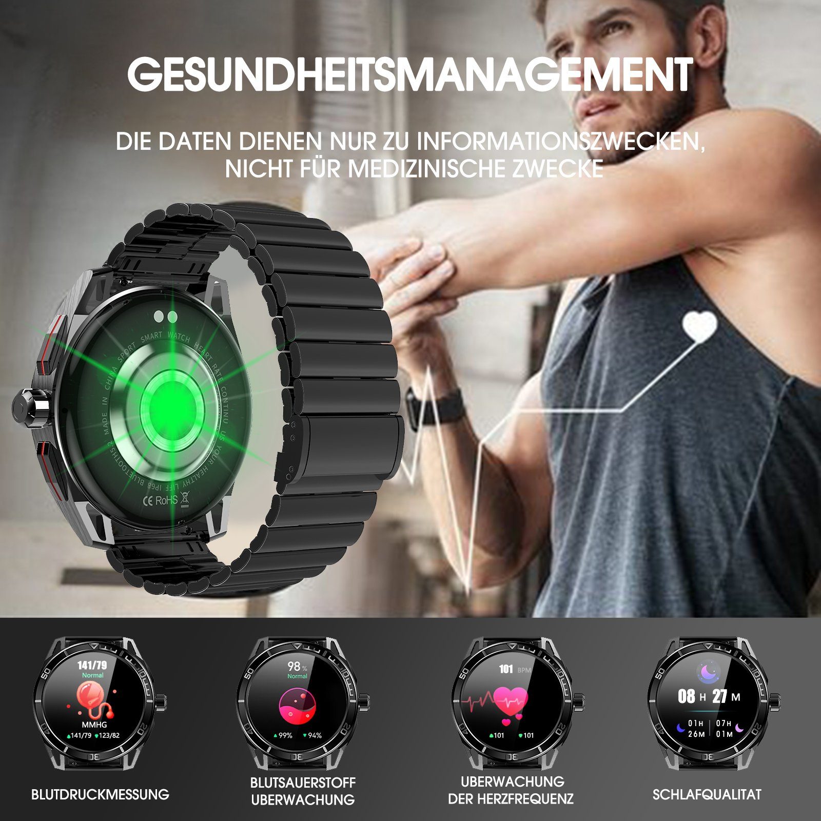 Yuede AMOLED Smartwatch, Fitness Uhr mit Anruffunktion für Damen und Herren Smartwatch (Rundes 1,43-Zoll-UHD-Full-Touch-AMOLED Farbdisplay Zoll) Gesundheits-Smartwatches mit Blutsauerstoff, Blutdruckmessung, Herzfrequenz, Schlafqualität, Schrittzähle