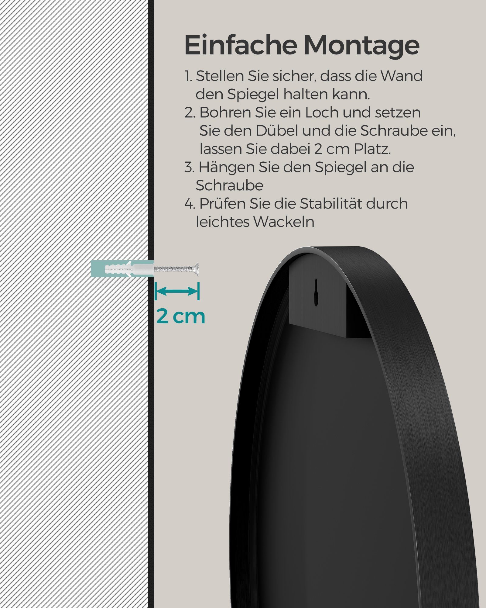 SONGMICS Wandspiegel, Spiegel rund, Badezimmerspiegel, 40/50/61/76 cm, Metallrahmen