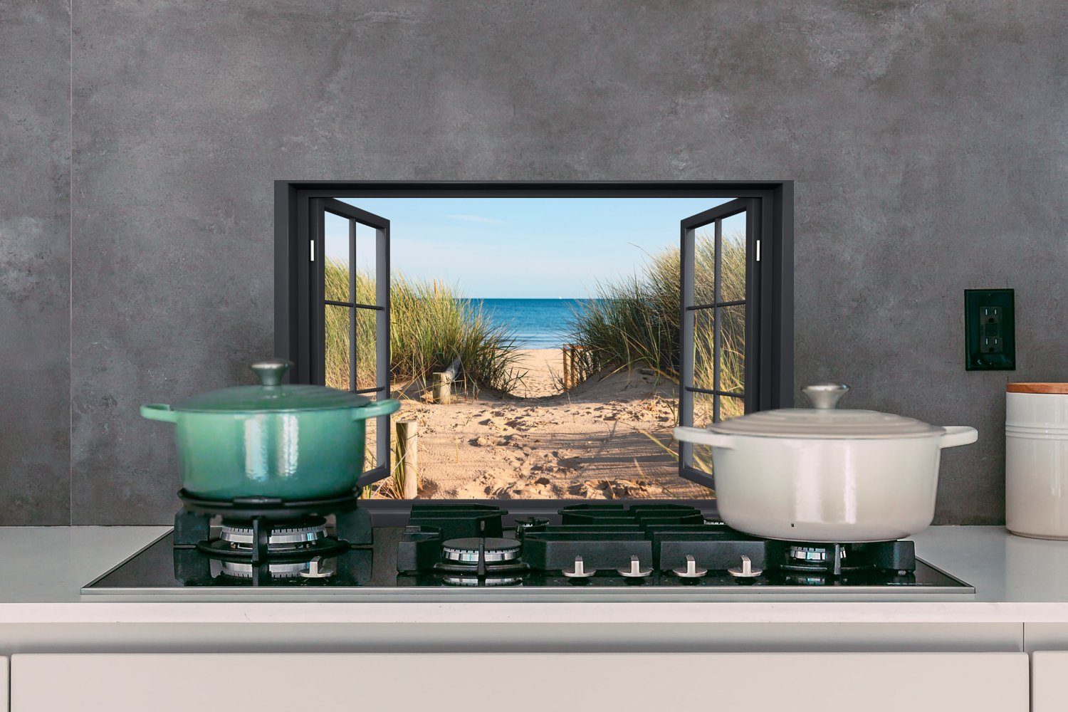 MuchoWow Küchenrückwand Durchblick - Strand - Meer - Sand - Wasser - Strandhafer - Dünen, (1-tlg), 60x40 cm, Herdblende aus Wandschutz, Temperaturbeständig küchen