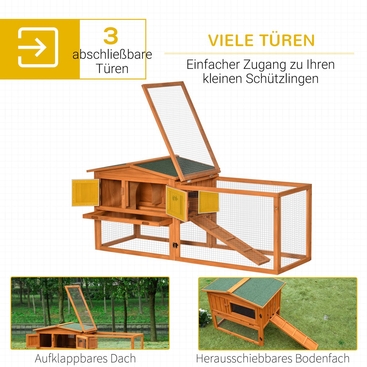 PawHut Kleintierstall Tannenholz Kleintierhaus mit Asphaltdach Kleintierkäfig mit Bodenwanne und Rampe Gehege Outdoor Indoor Orange 156 x 58 x 68 cm