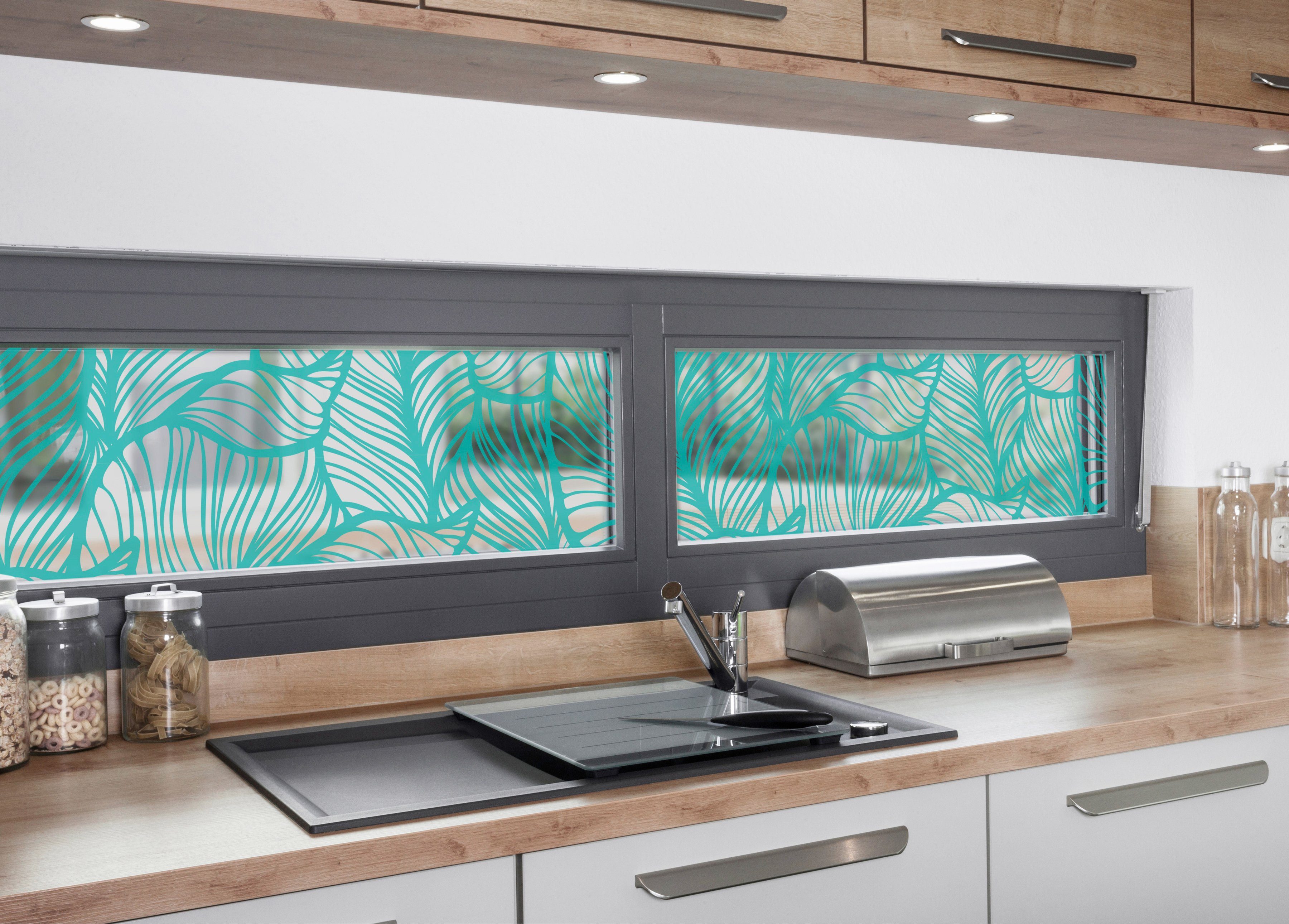 Fensterfolie Look Leaves turquoise, MySpotti, halbtransparent, glatt, 200 x 30 cm, statisch haftend