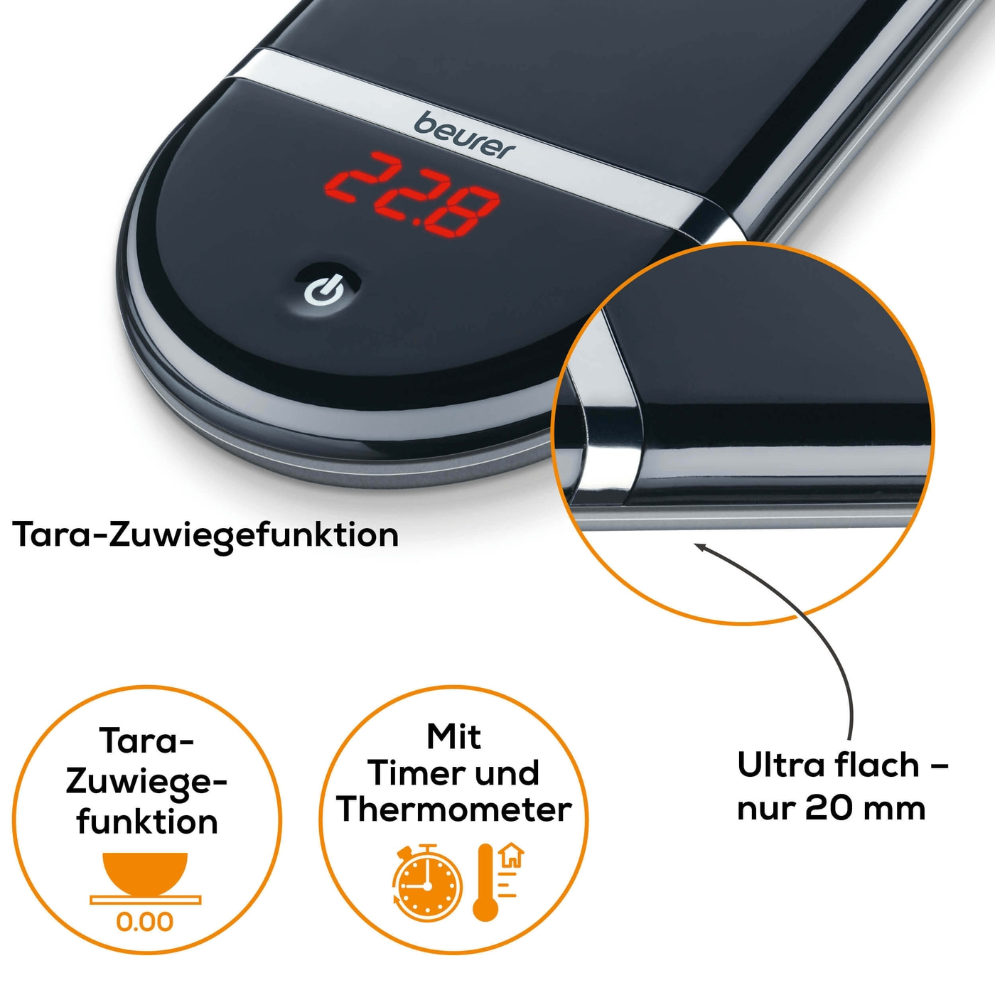 Beurer Präzisionsküchenwaage KS 36-Flache Feinwaage für die Küche mit Kalibrierfunktion & Magic-Display