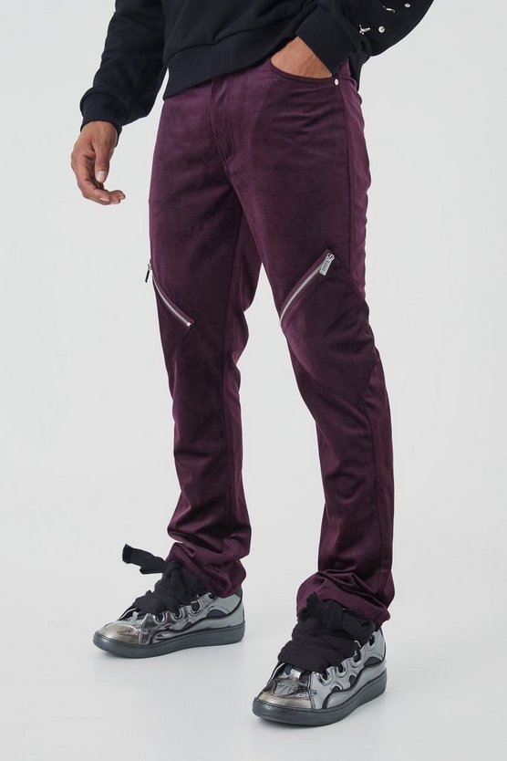 Slim-Fit Velour Cargo-Schlaghose mit Reißverschluss