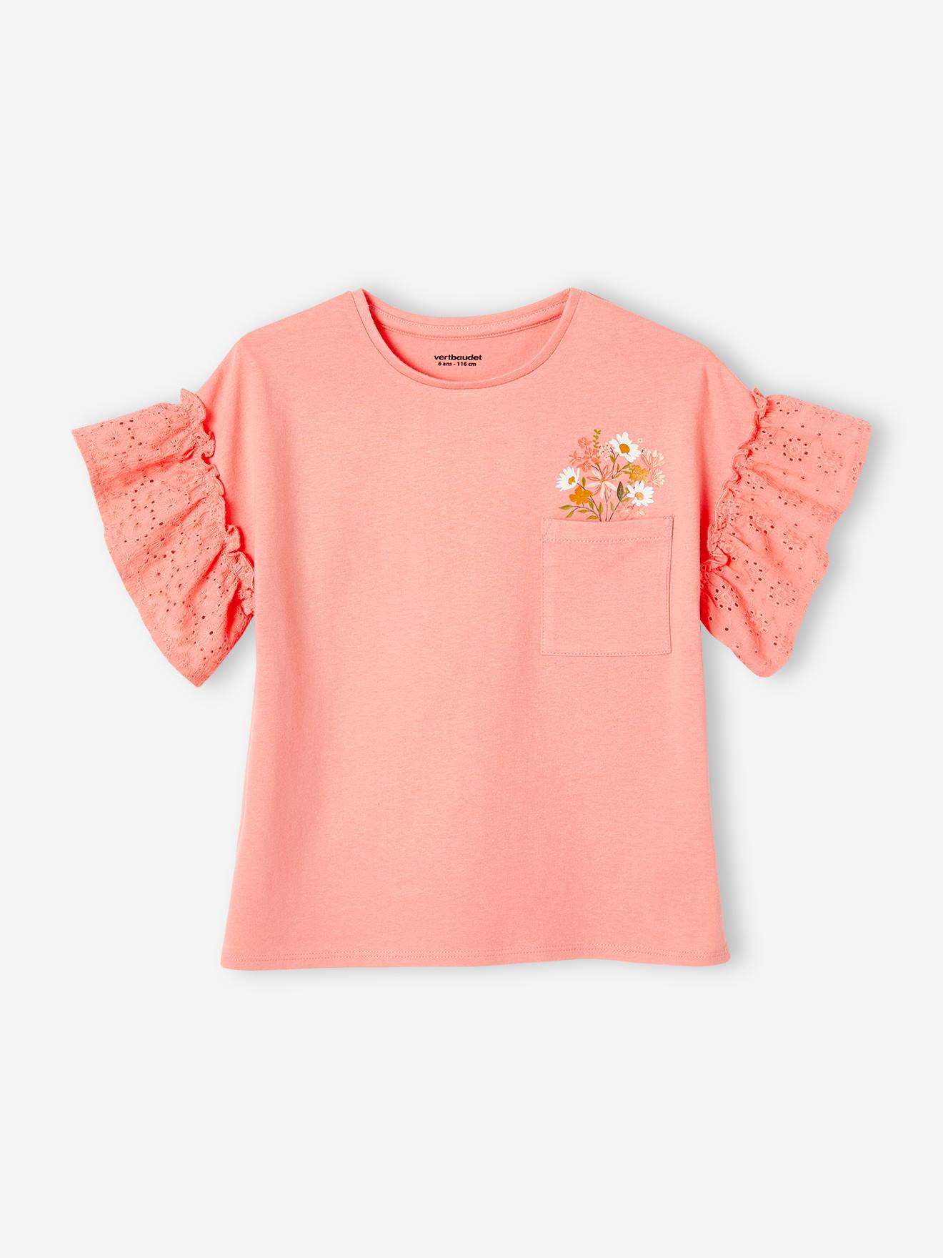 T-shirt manches à volants en broderie anglaise fille écru