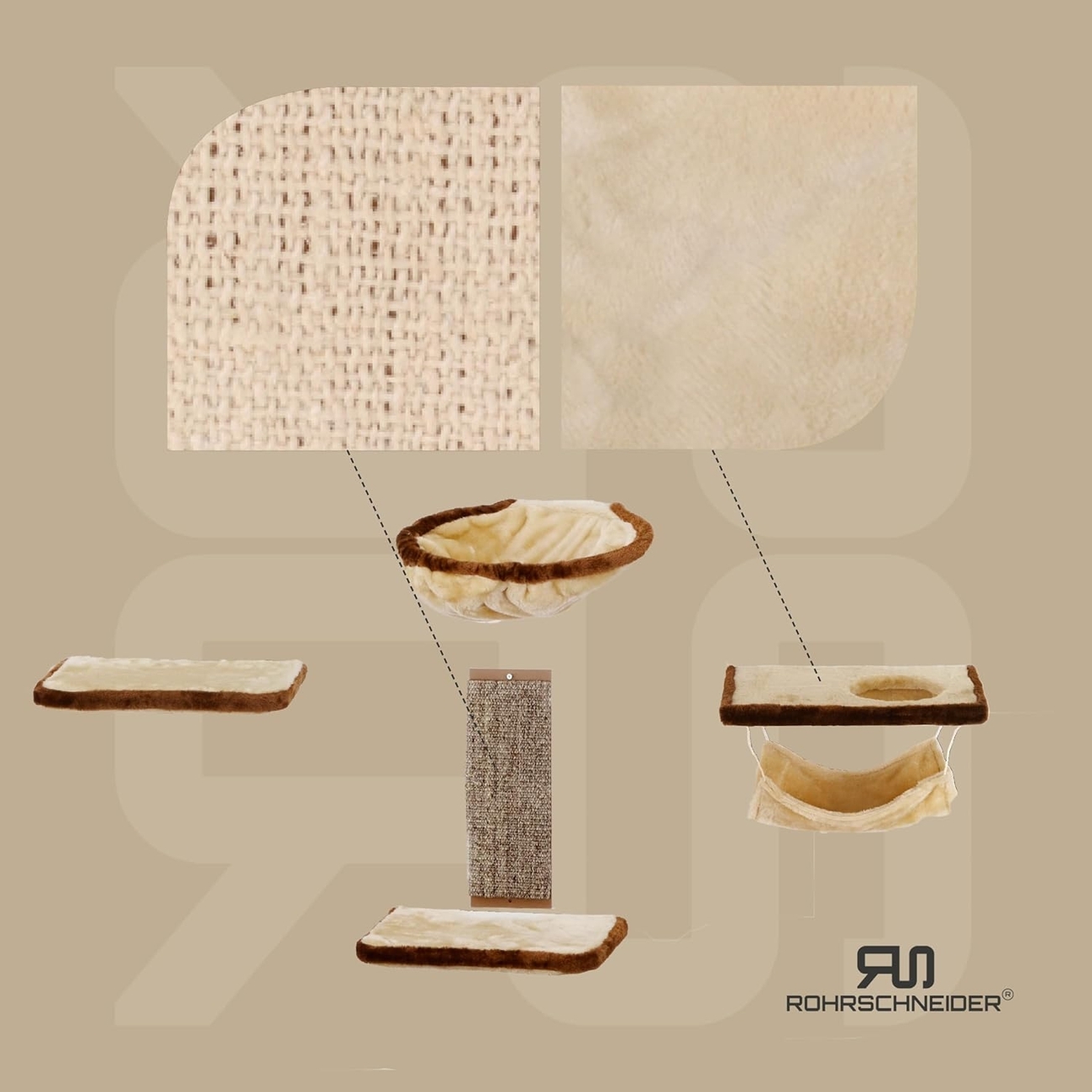 Rohrschneider Kratzbäume Rohrschneider Katzen-Kletterwand Katzenmöbel für die Wand 6-tlg in beige mit Gratis-Spielballset