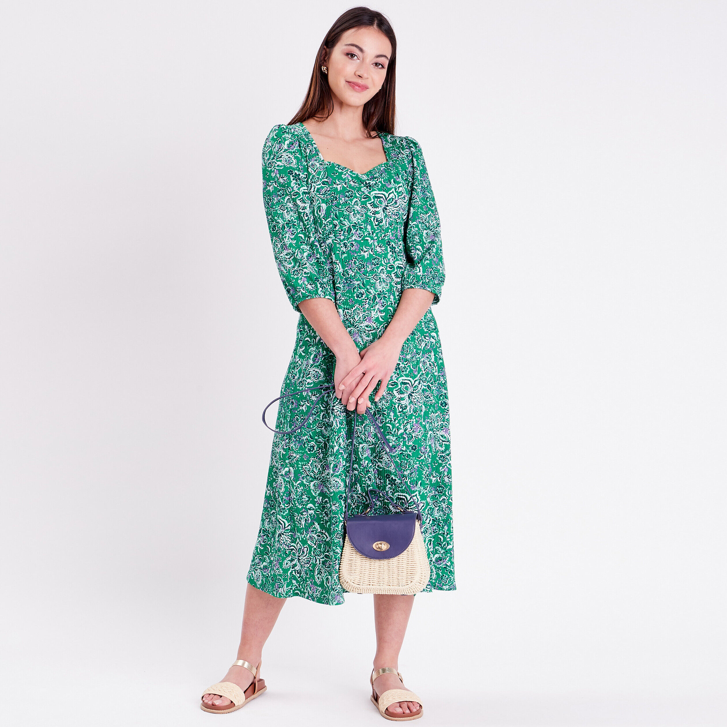 Robe longue à manches 3/4 vert femme | Cache Cache
