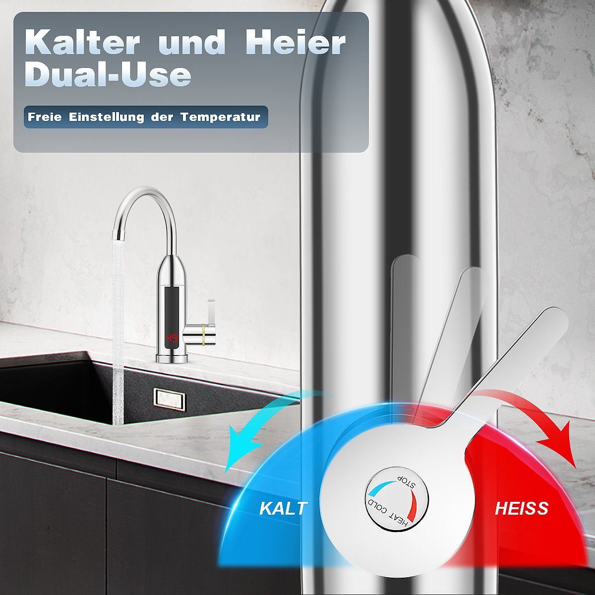 oyajia Klein-Durchlauferhitzer 3000W Elektrischer Wasserhahn, Küchenarmatur, 360 ° Schwenkbar
