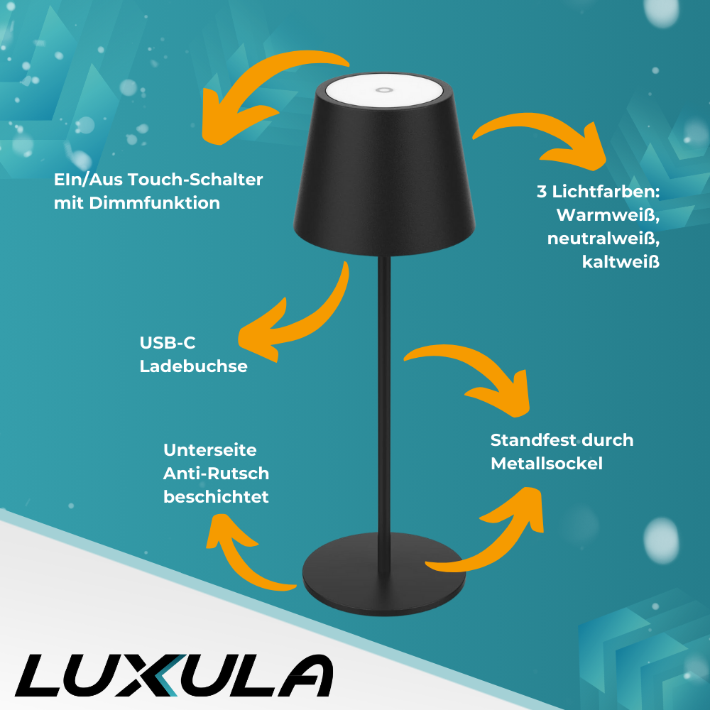 LUXULA LED-Tischleuchte mit Akku, Dimm- & CCT-Funktion, wiederaufladbar