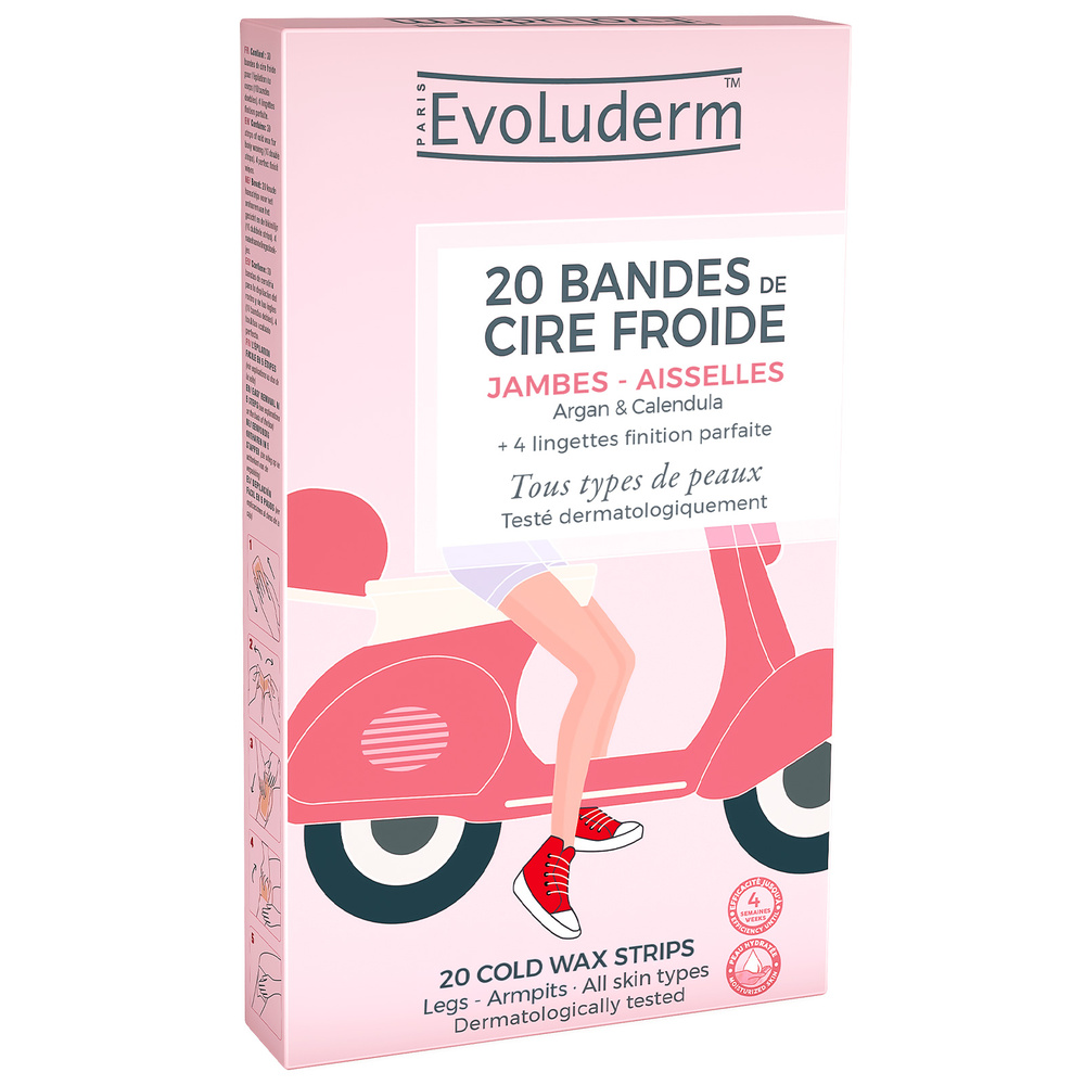 evoluderm Dépilatoire 20 Bandes de Cire Froide Jambes, Aisselles