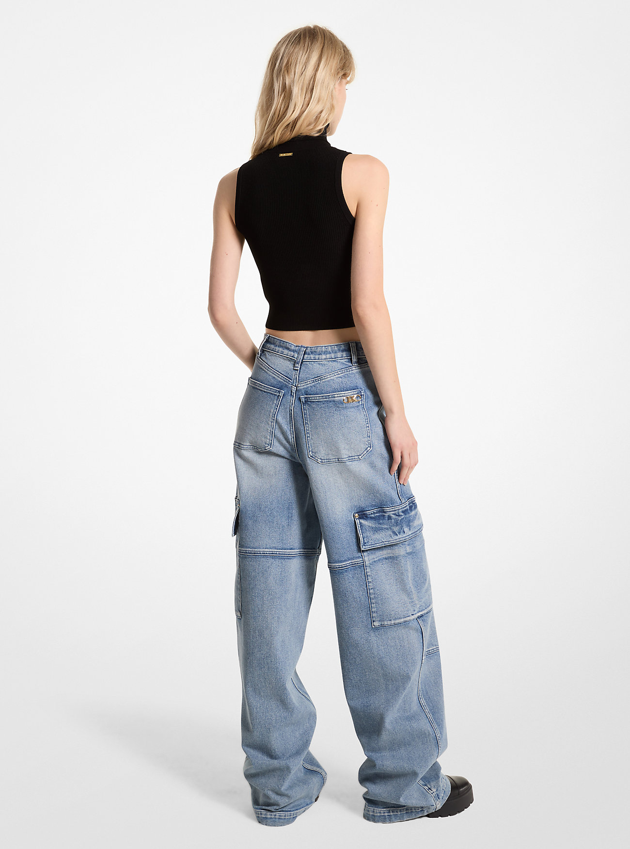 Stretch Denim Wide Leg Cargo Jeans - BLÅ VINTAGE WASH