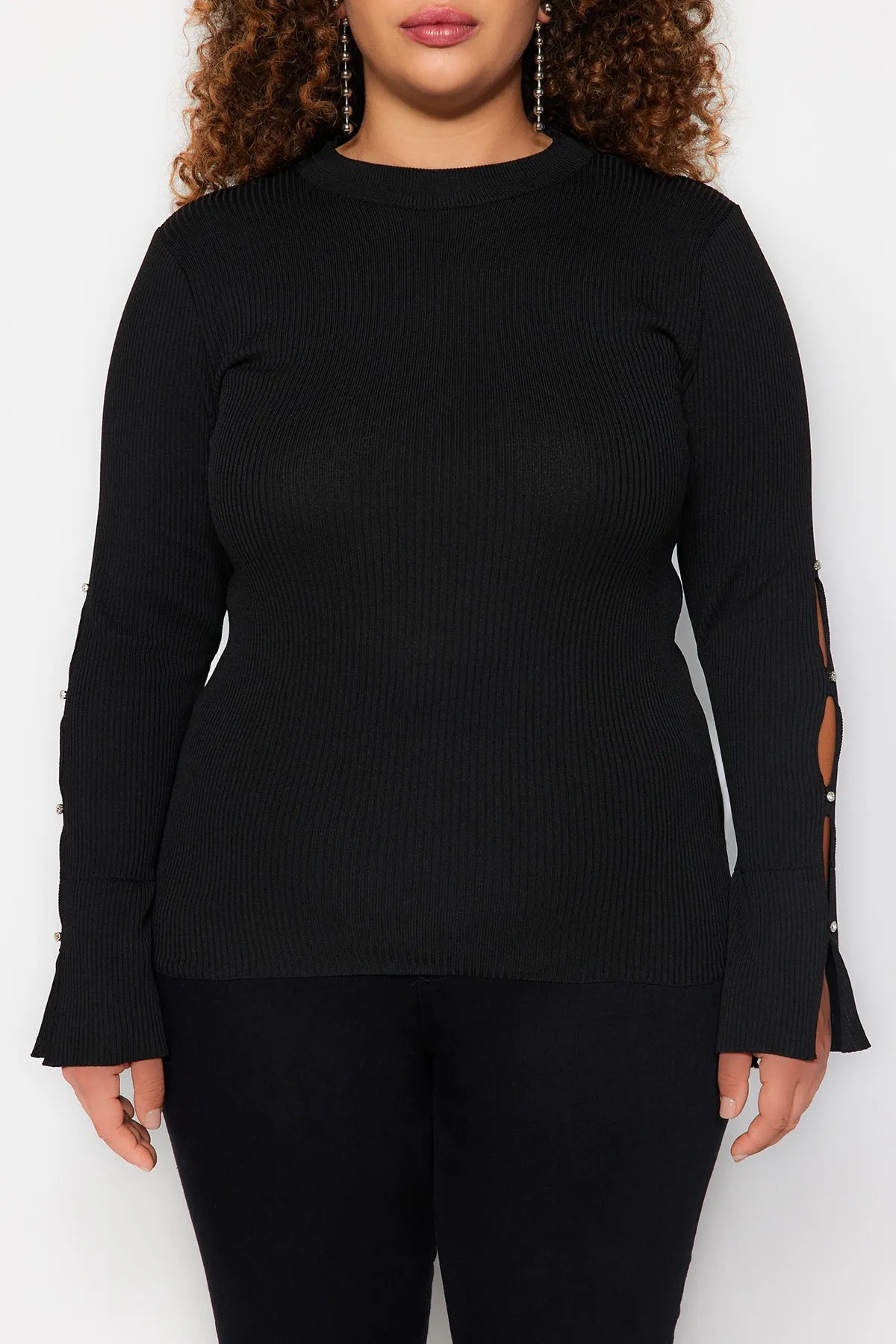 Trendyol Curve  Schwarzer Rollkragenpullover, schlichte, figurbetonte Polyelite-Strickbluse in Übergröße TBBAW24AF00021