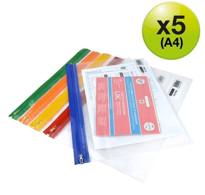 Rapesco Zippi Bags Reißverschlussbeutel DIN A4  PP (Polypropylen) 37 (B) x 1,3 (T) x 26 (H) cm Farbig sortiert 5 Stück