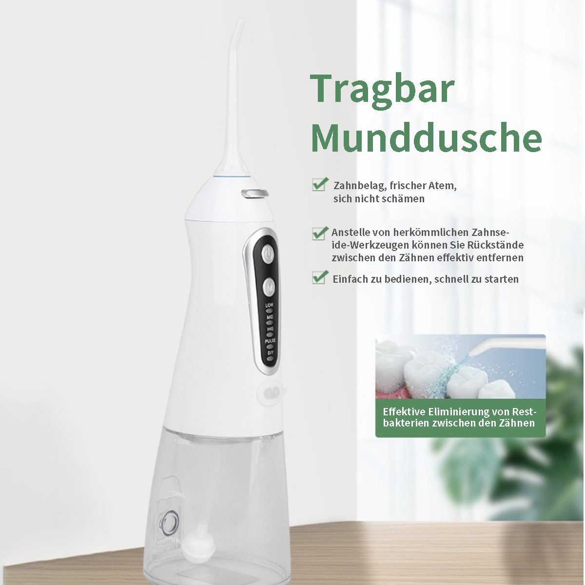 flowgoer Munddusche Kabellose Munddusche mit 5 Modi für eine gründliche Reinigung, Großes Tankvolumen, wasserdicht, ideal für Reisen und Zuhause