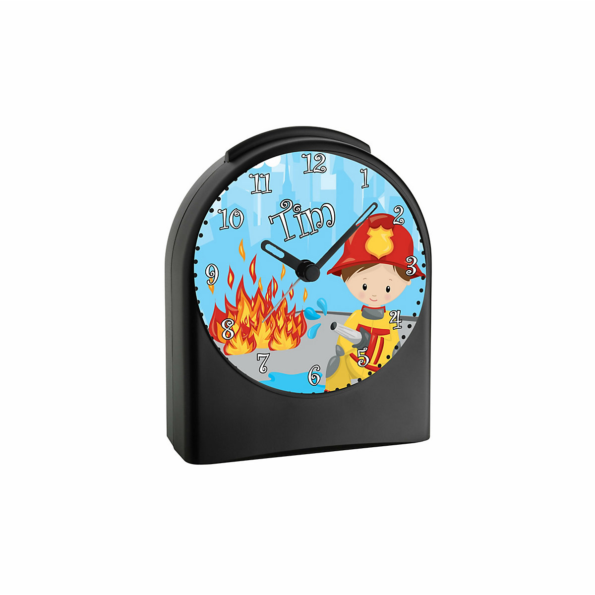 Kinder Funkwecker personalisiert mit Namen Feuerwehrmann Atom-/Funkuhr, 12-Stunden-Anzeigeformat, Schlummerfunktion, Nachtlicht, Geräuschlos/Ohne Ticken