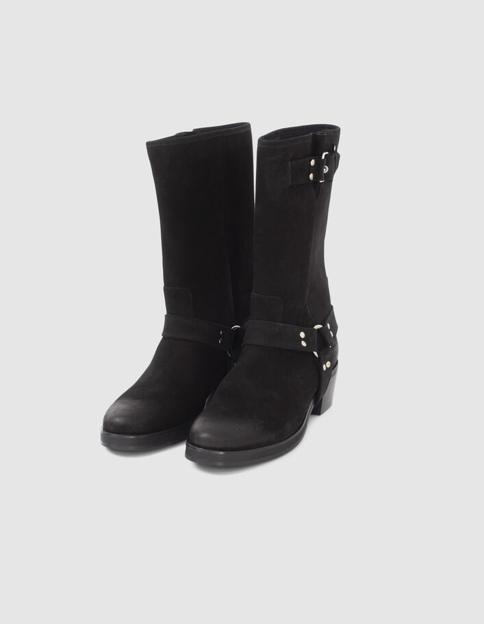 Boots noirs cuir velours esprit motard Femme