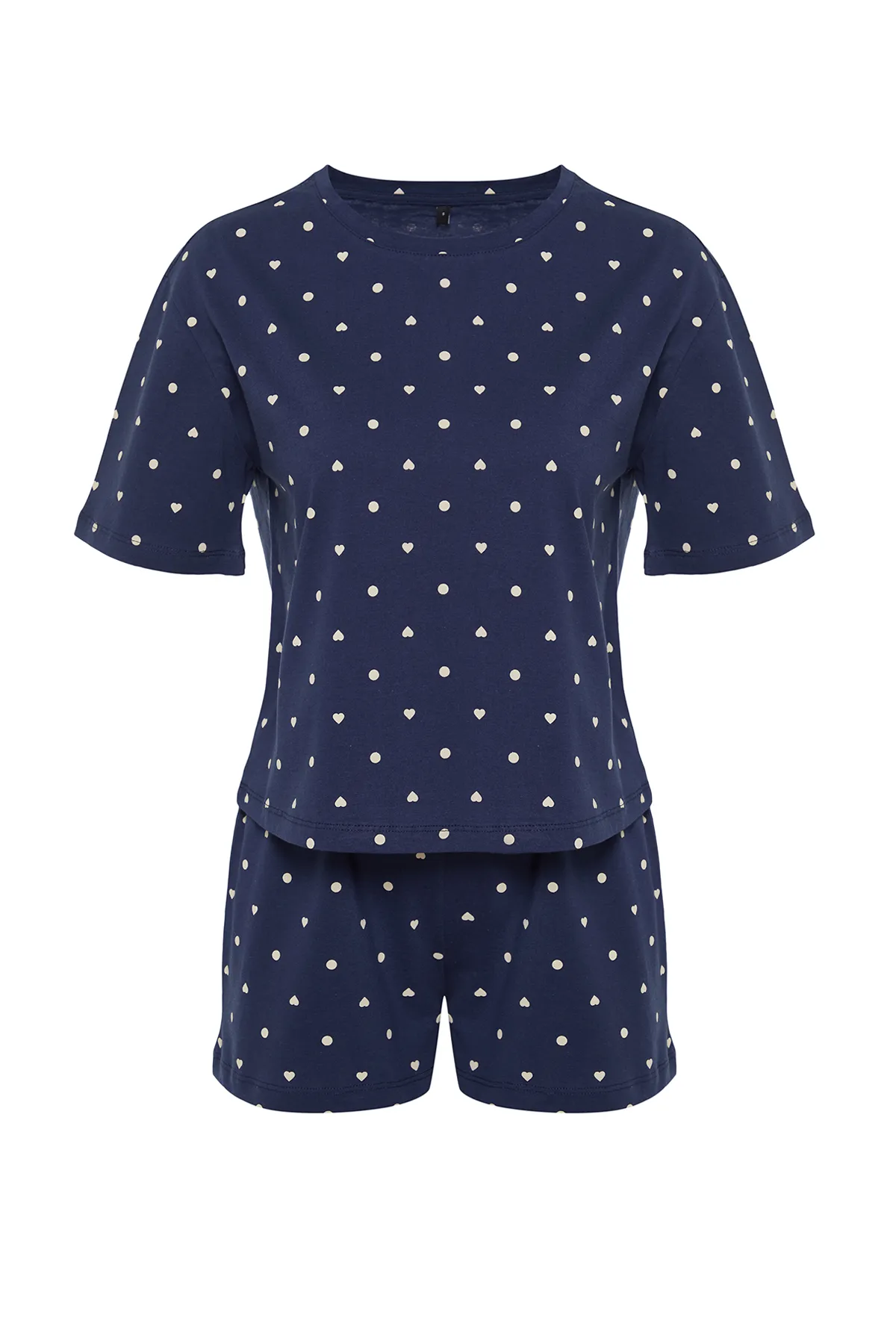 Trendyol Collection  Marineblaues Pyjama-Set aus T-Shirt und Shorts mit Herzmuster, 100 % Baumwolle THMSS21PT1485