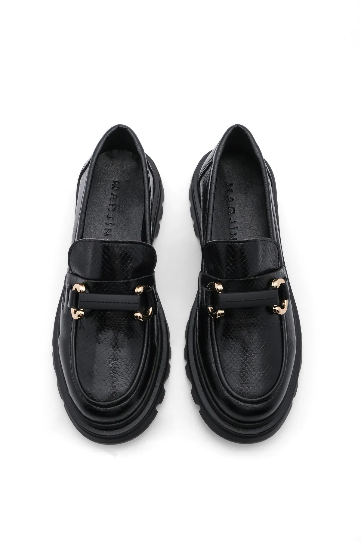 Marjin  Damen Loafer Hohe Sohle Schnalle Freizeitschuhe Kinles Black Snake