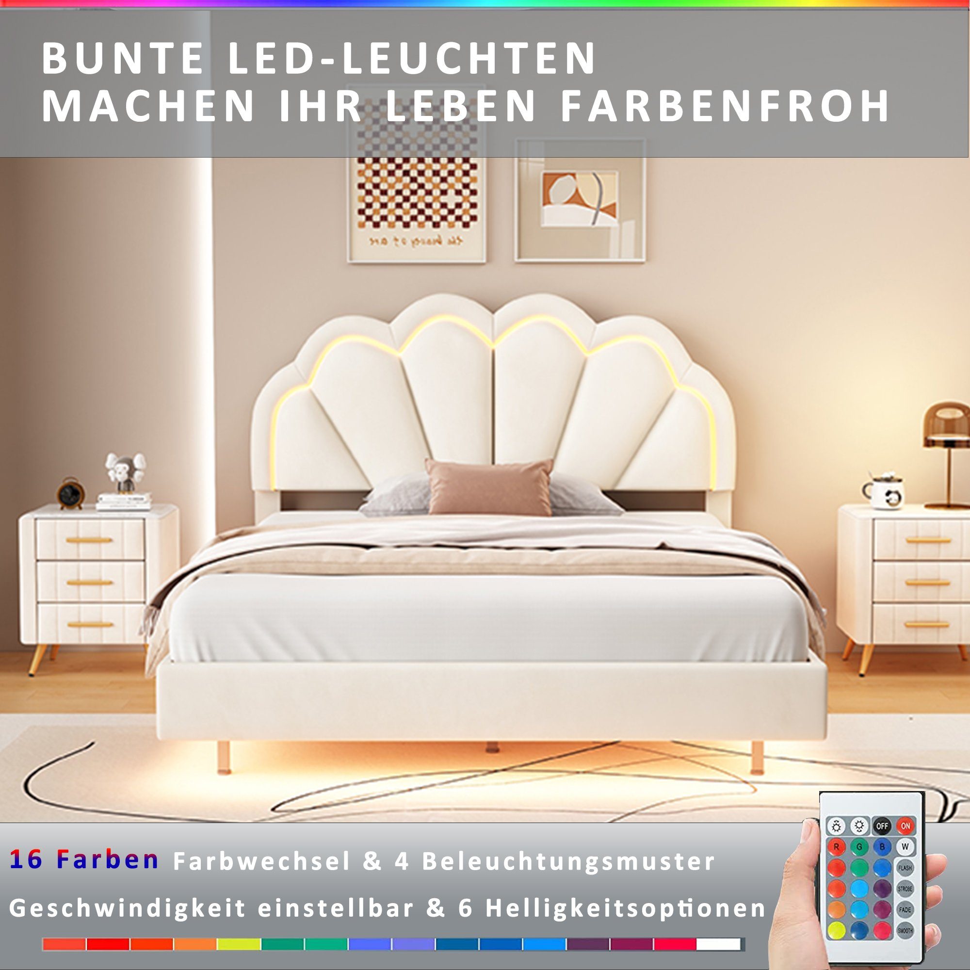Flieks Polsterbett, LED Beleuchtung Doppelbett Schwebebett Muschel Kopfteil 140x200cm Samt