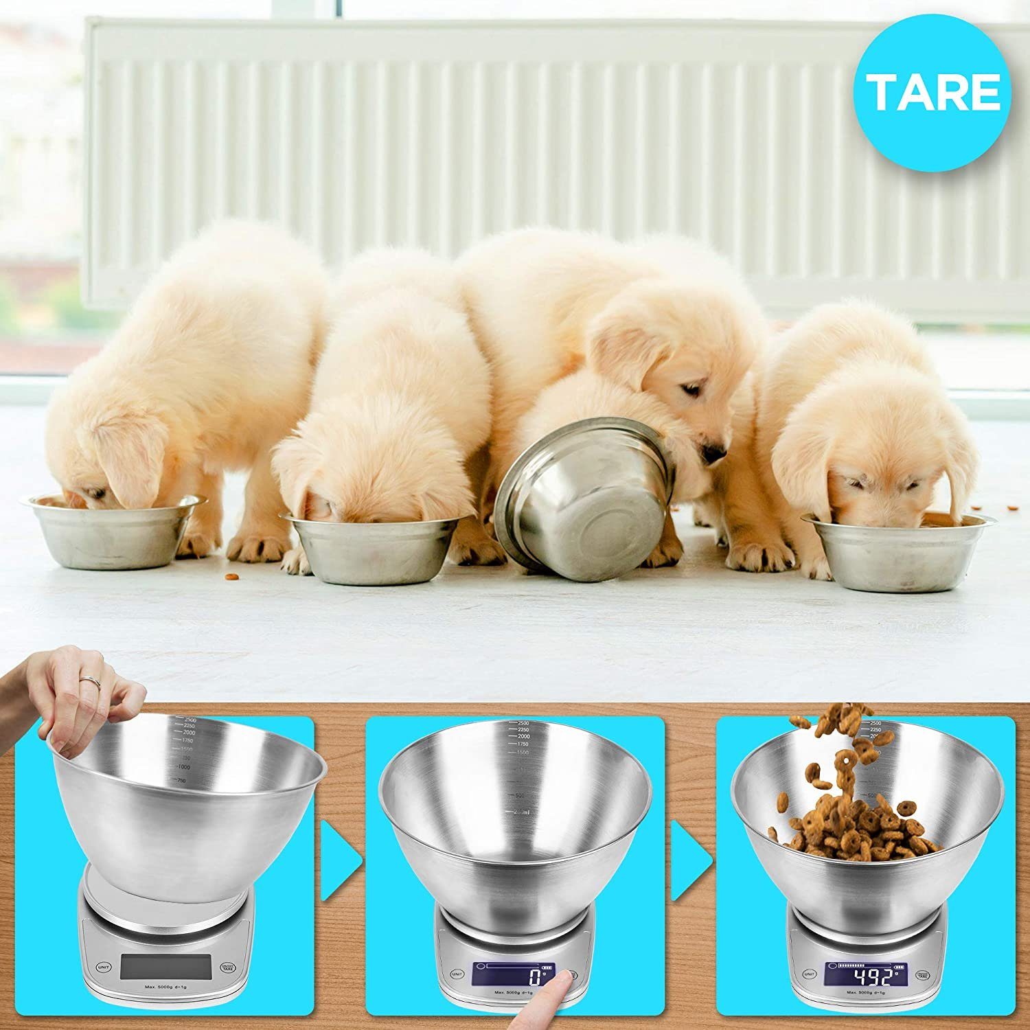 Duronic Küchenwaage, KS5000 SR/SS Küchenwaage, 5 kg Digitalwaage oval mit 2,5 L Schüssel