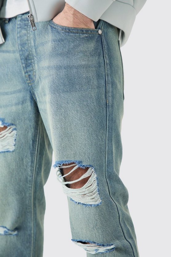 Zerrissene Slim-Fit Jeans in Antikblau