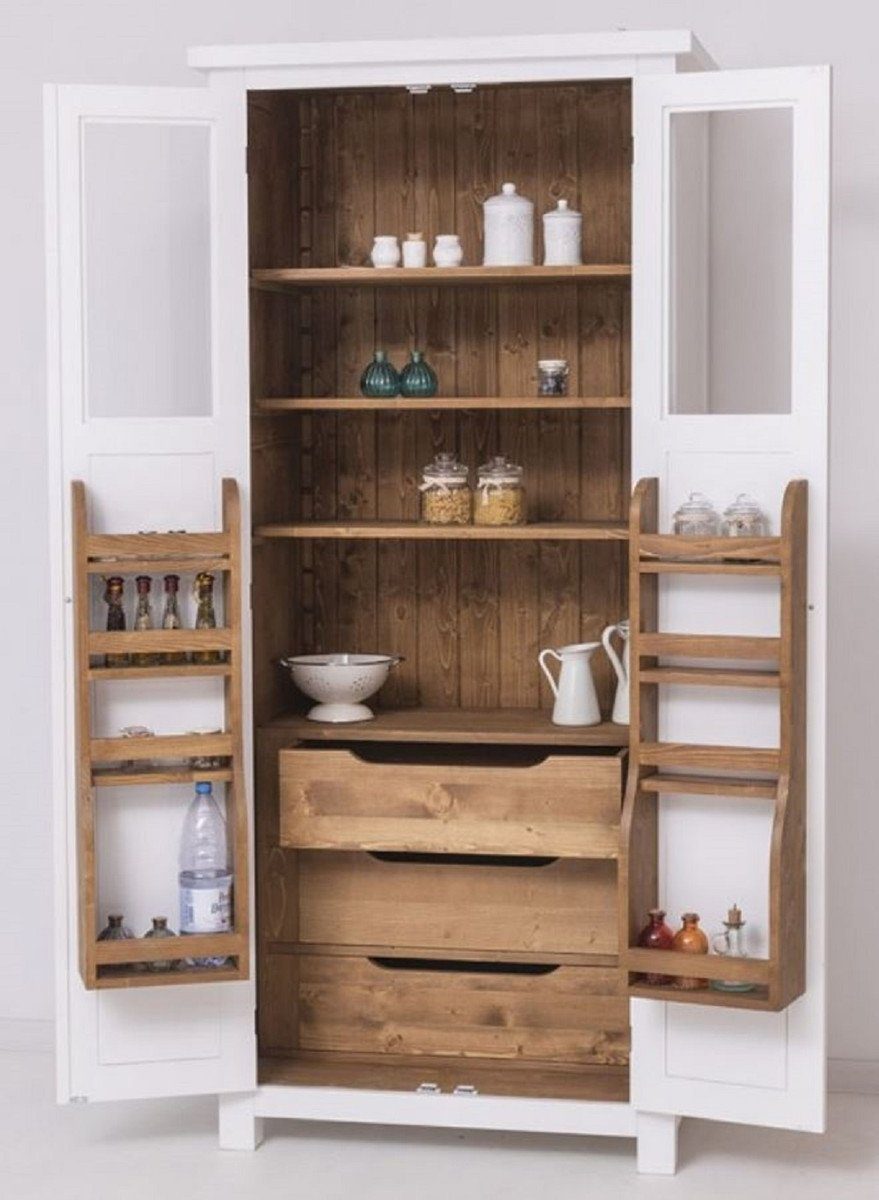 Casa Padrino Küchenbuffet Casa Padrino Landhausstil Esszimmerschrank Weiß / Naturfarben 96 x 65 x H. 220 cm - Massivholz Küchenschrank mit 2 Türen - Esszimmer Möbel im Landhausstil - Landhausstil Esszimmer Einrichtung