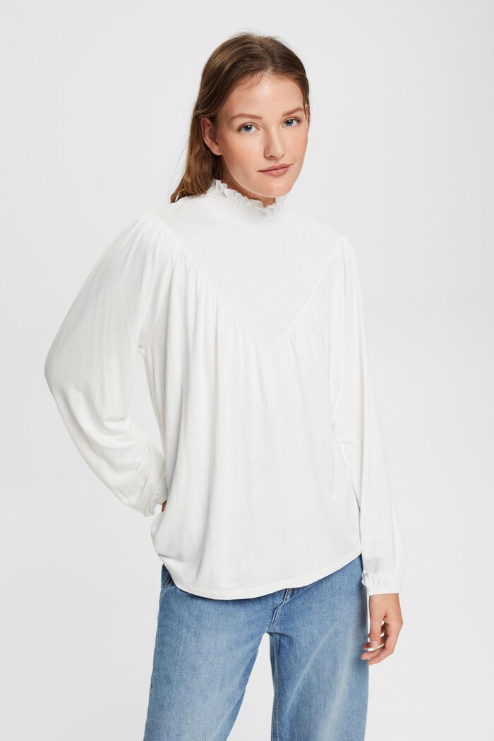 Langärmeliges Longsleeve mit gesmoktem Kragen, LENZING™ ECOVERO™