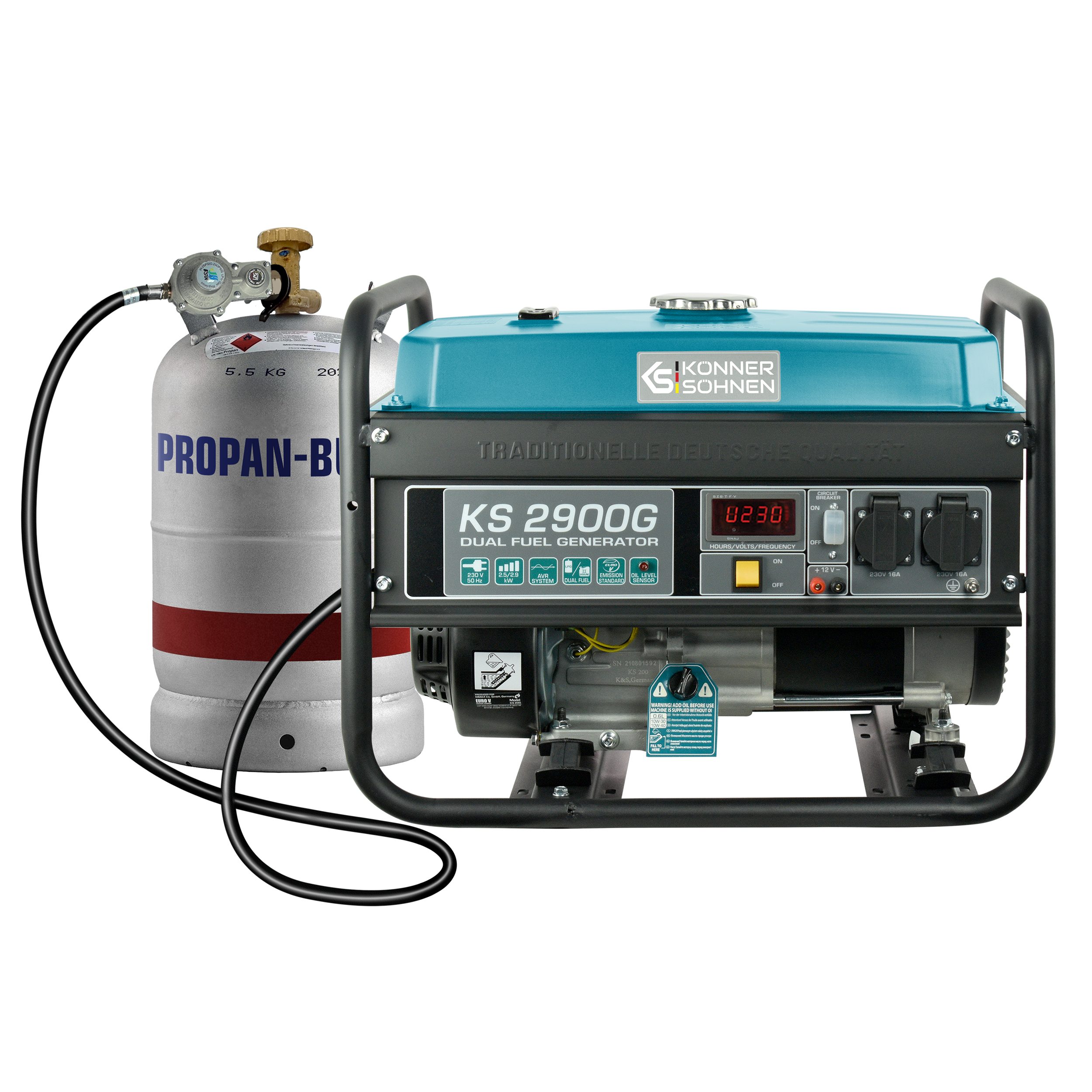 Könner & Söhnen Stromerzeuger KS 2900G, 2,90 in kW, (Packung, 1-tlg), 2x16A (230 V), 12 V, automatischer Spannungsregler (AVR)