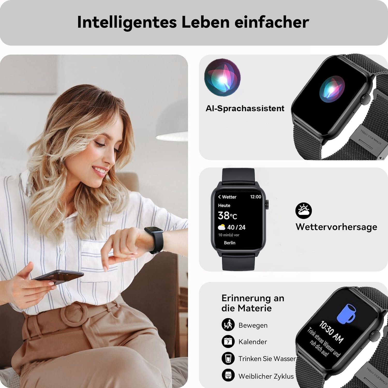 Mutoy Smartwatch,Fitness Tracker Uhr für Damen Herren mit Anruffunktion Smartwatch Gesundheits-Uhren mit Herzfrequenz,Blutsauerstoff, Blutdruckmessung, Schlafüberwachung, Schrittzähler, AI Sprachassistent, Musiksteuerung und SNS-Benachrichtigung, IP6