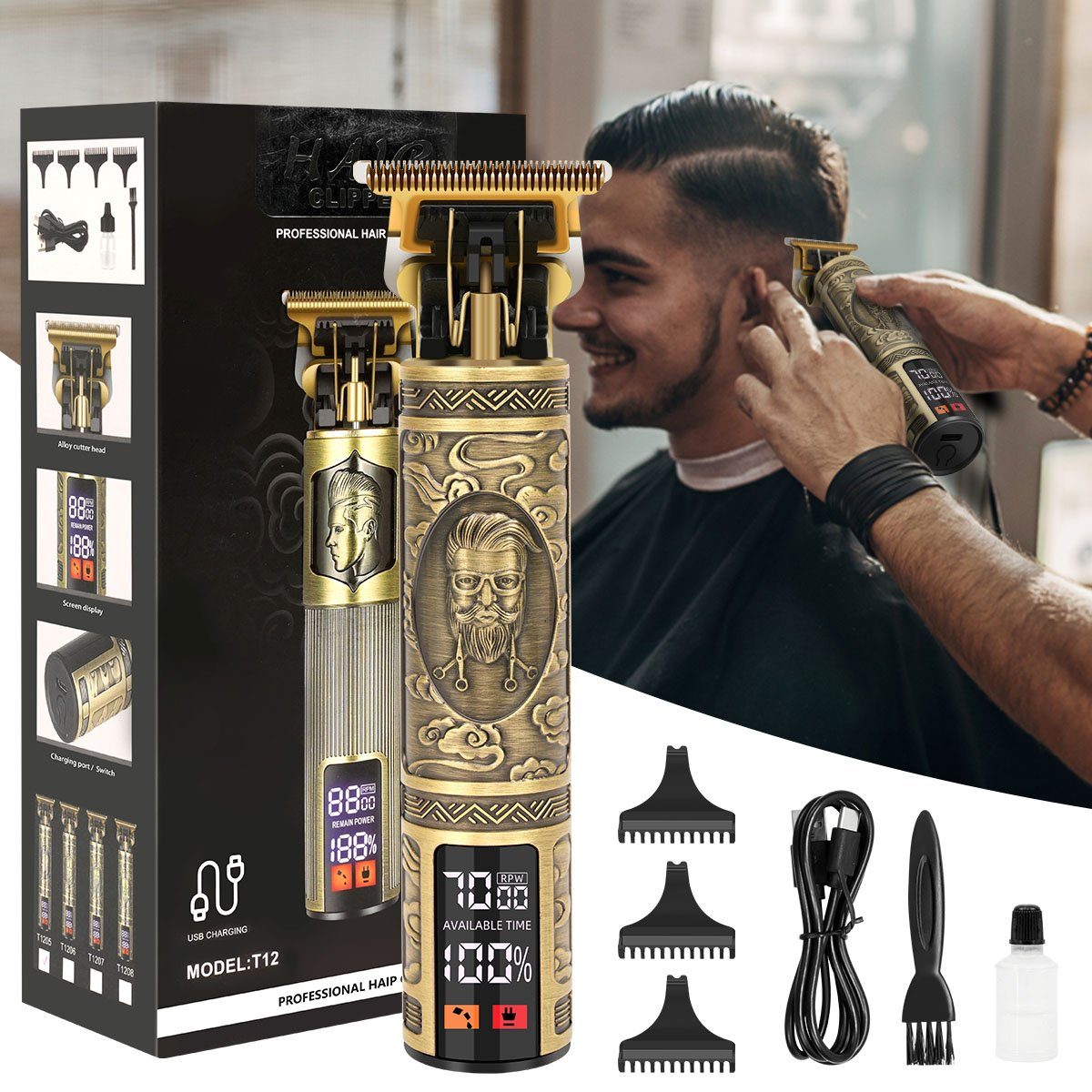7Magic Haar- und Bartschneider, Haarschneidemaschine Haartrimmer Barttrimmer, Konturenschneider für Männer mit 3 Kamm und LED Anzeige